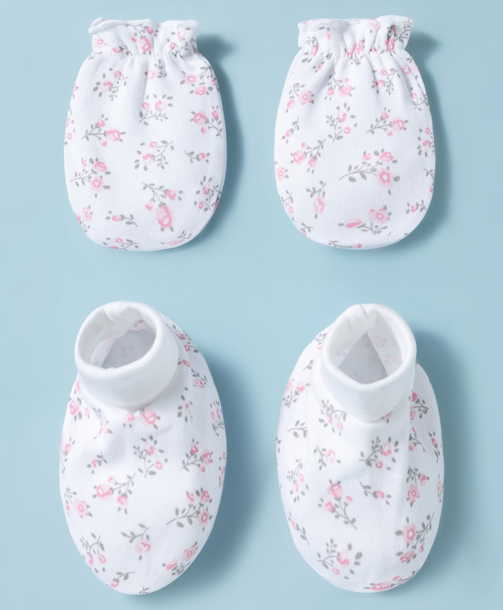 Babyhug 100% Cotton Interlock Knit Mittens & Booties Set With Floral Print - White-picture-22
