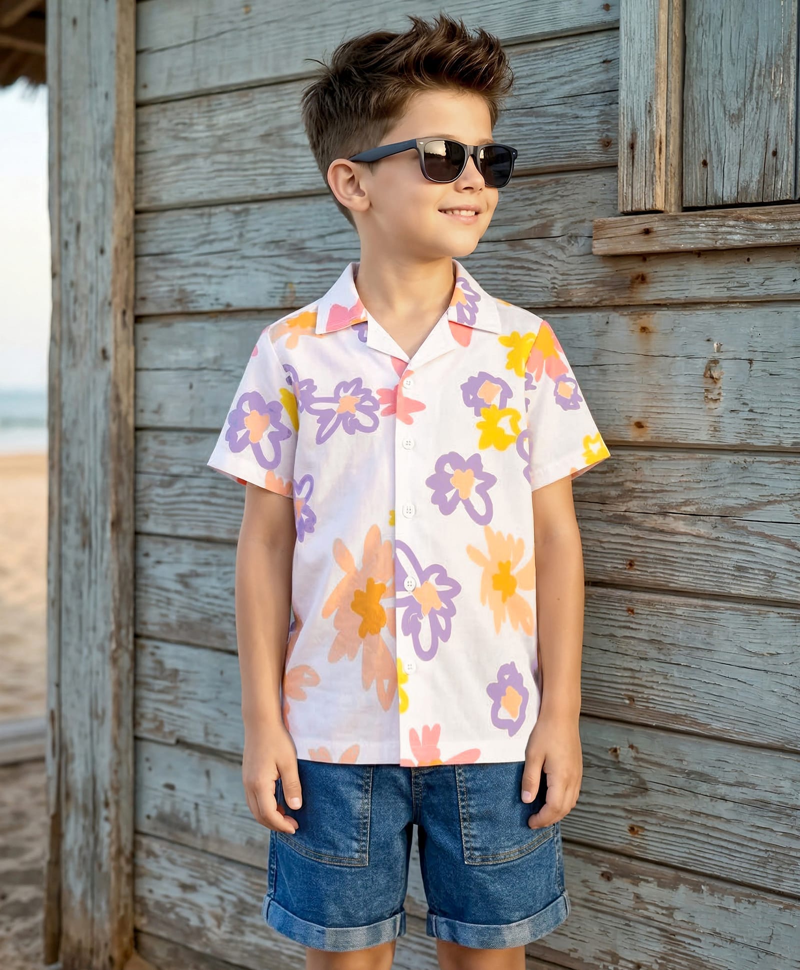 Ollington St. Cotton Knit Half Sleeves Floral Printed Resort Collar Shirt & Stretchable Denim Shorts Set -Multicolour & Blue-picture-28