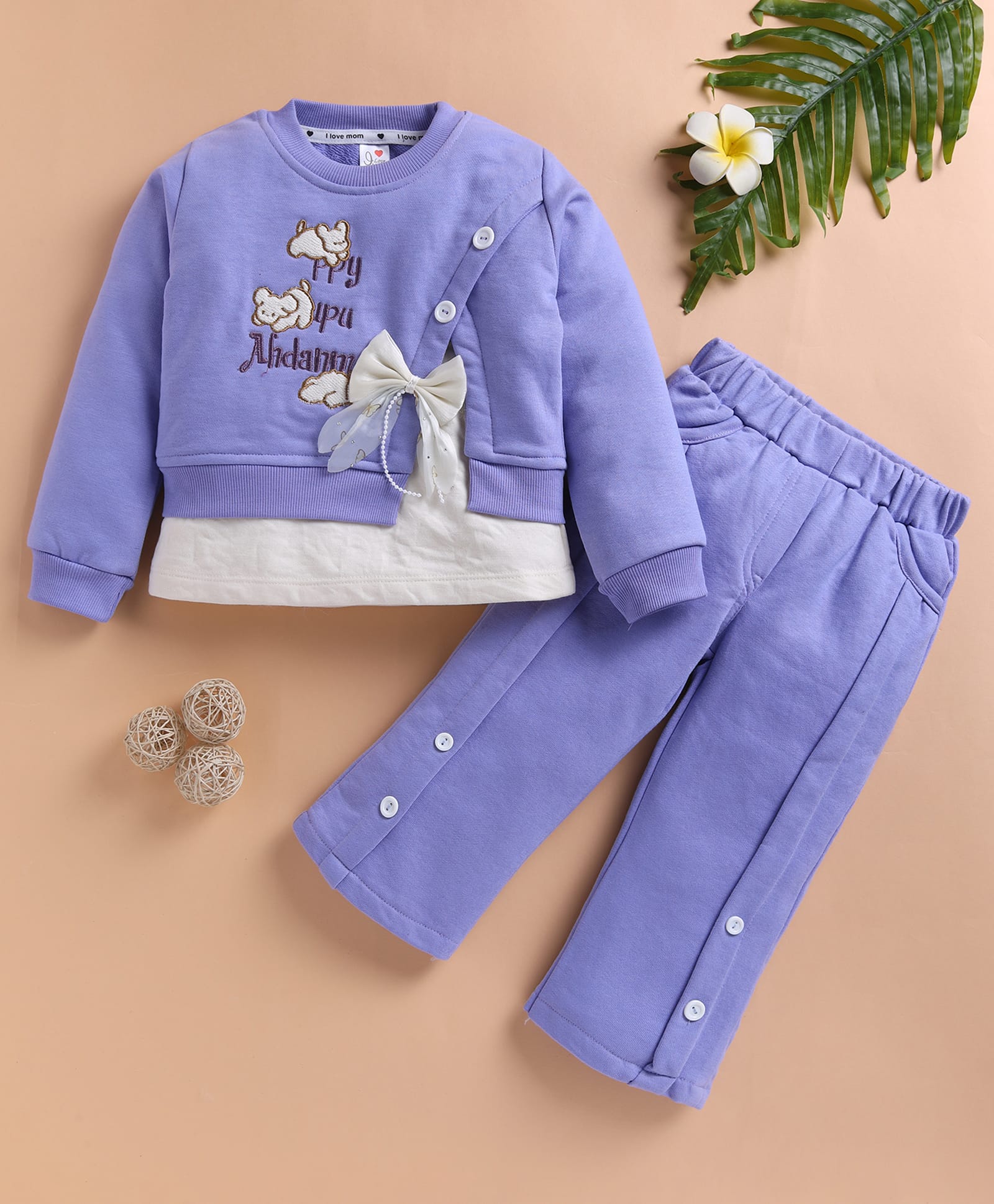 I Love Mom Cotton Knit Full Sleeves Puppy Embroidered & Bow Applique Detailed Top & Pants Set - Blue-image-7