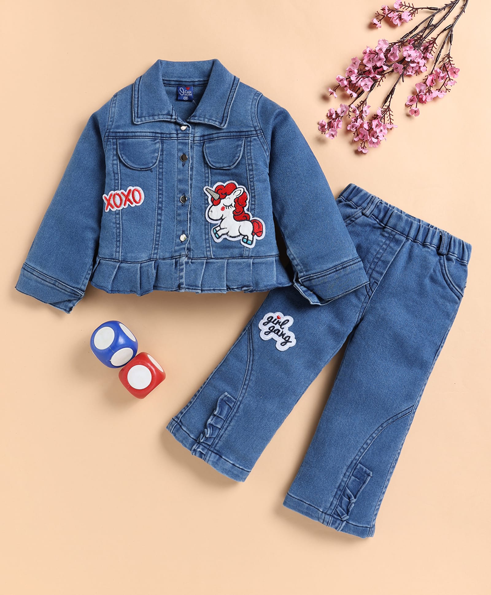 I Love Mom Cotton Denim Full Sleeves Unicorn patch Detailed Jacket & Pants Set - Light Blue-image-47