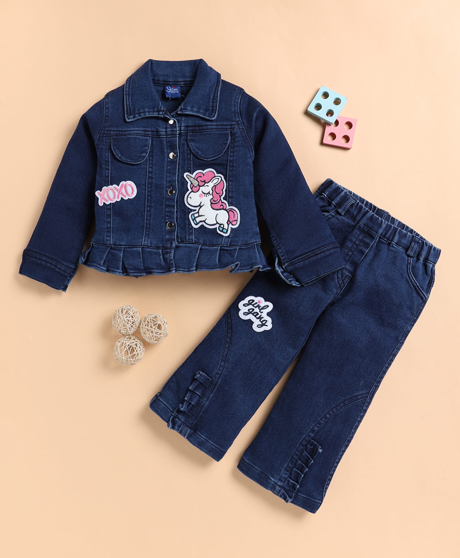 I Love Mom Cotton Denim Full Sleeves Unicorn patch Detailed Jacket & Pants Set - Dark Blue-image-40