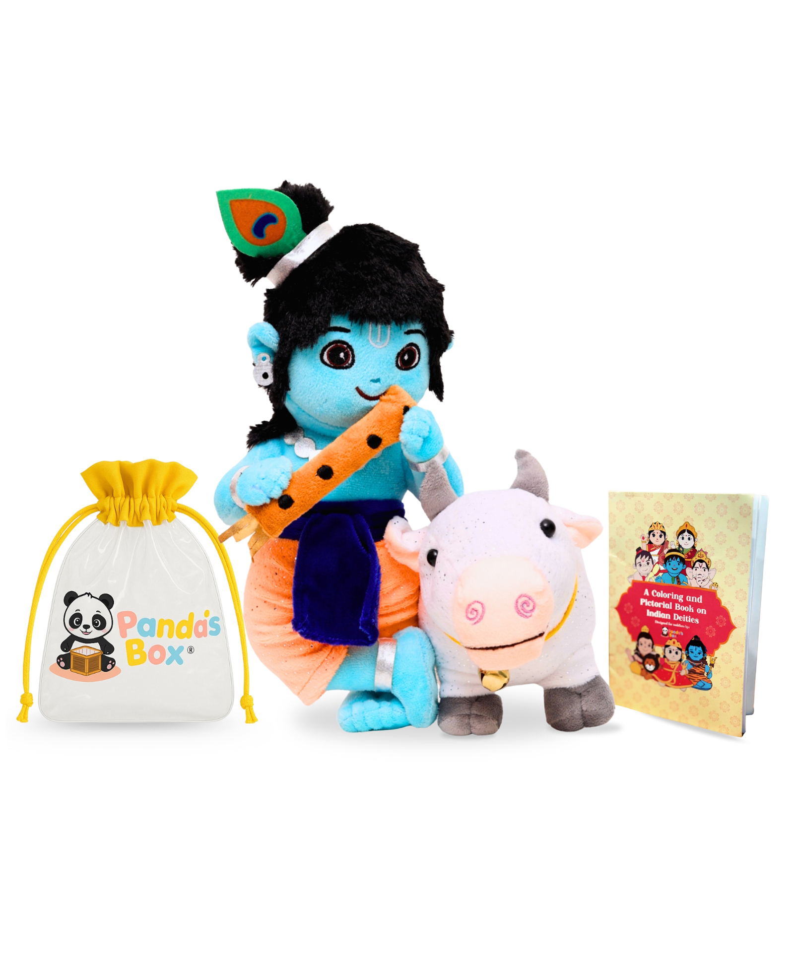 Panda's Box Height 32 cm Krishna & Cow Duo | Soft Plush Stuffed Toy | Non-Toxic, Safe| Divine Birthday & Festive Gift | Free Colouring Book - Multicolor-image-6