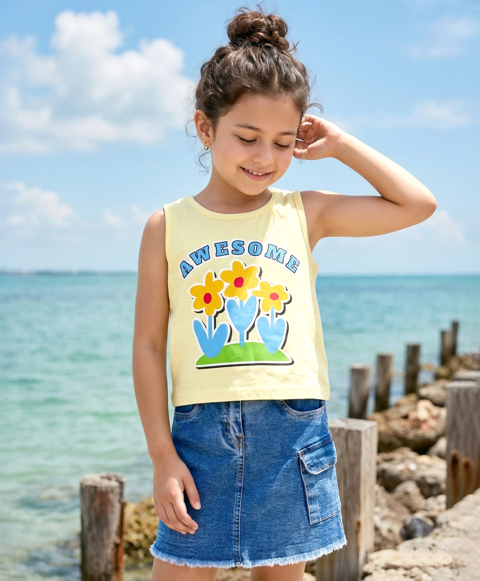 OLLINGTON ST. Cotton Knit Sleeveless Top With Print & Stretchable Denim Skirt Set - Limegreen & Blue-image-46