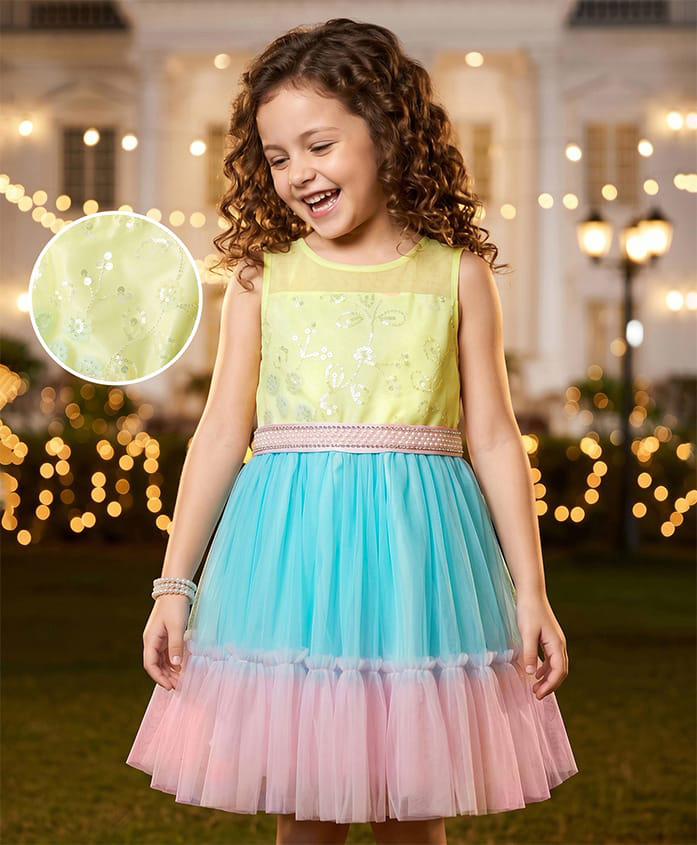 Hola Bonita Knit Sleeveless Mesh Party Dress with Sequin Detailing - Multicolor-image-49