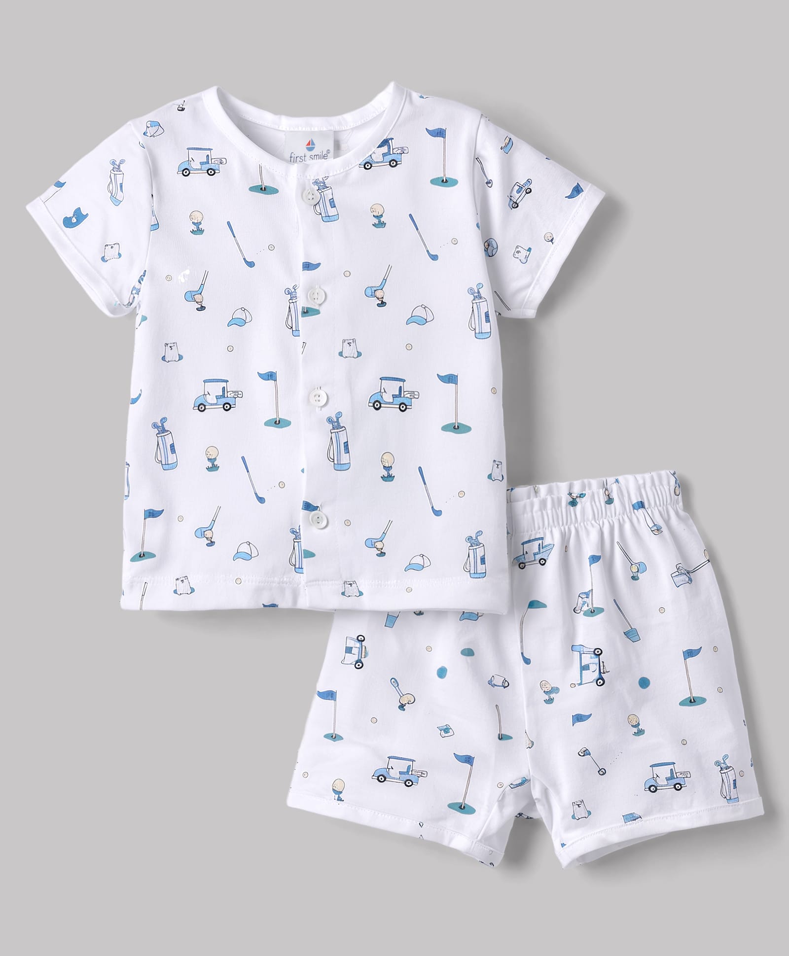 Ollypop Sinker Knit Half Sleeves Golf Theme Printed Co-Ords T-Shirt & Shorts Night Suit - White-picture-30