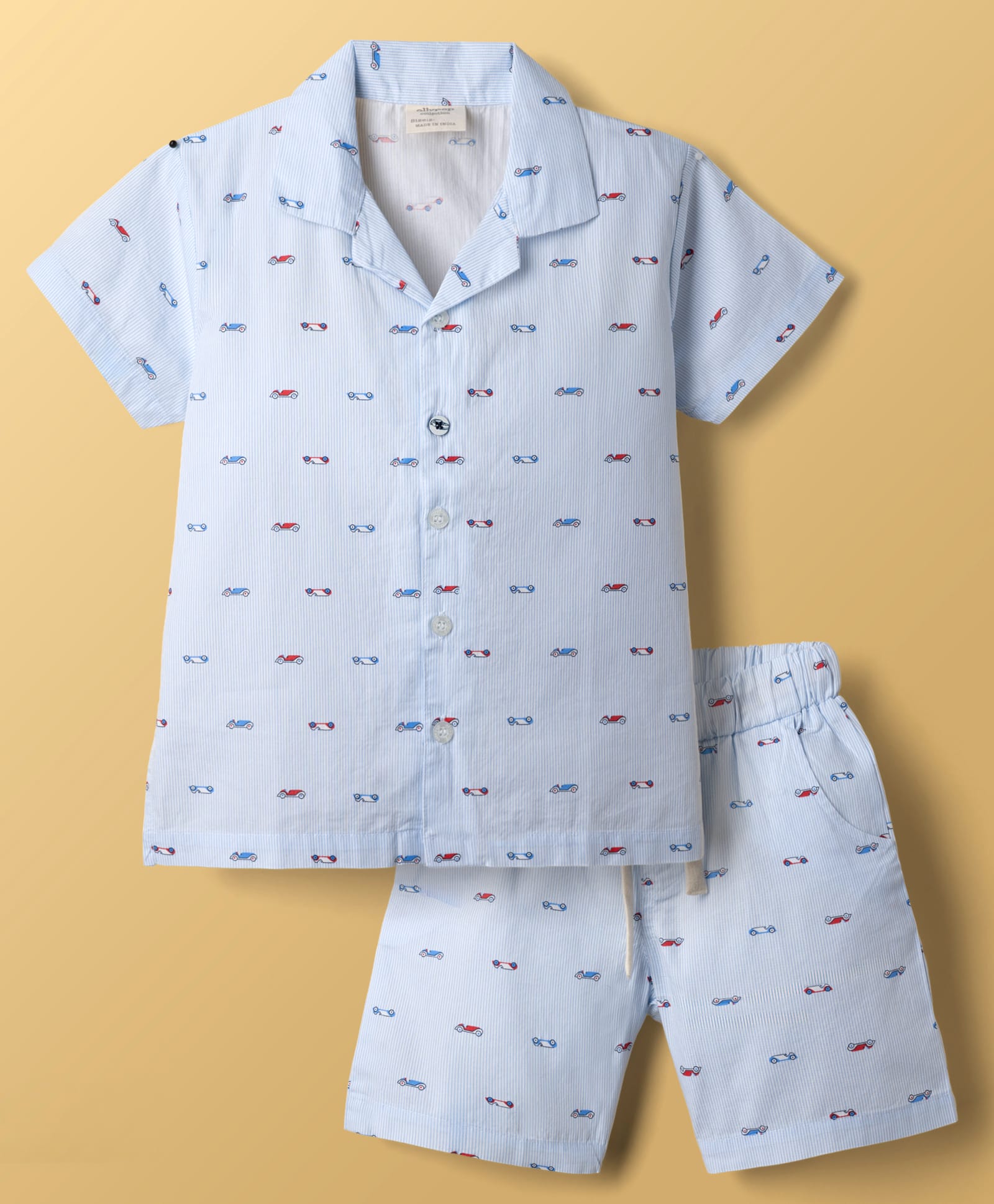 Ollypop Textile Woven Half Sleeves Shirt & Shorts Co-ord Night Suit with Car Print - Blue-picture-26