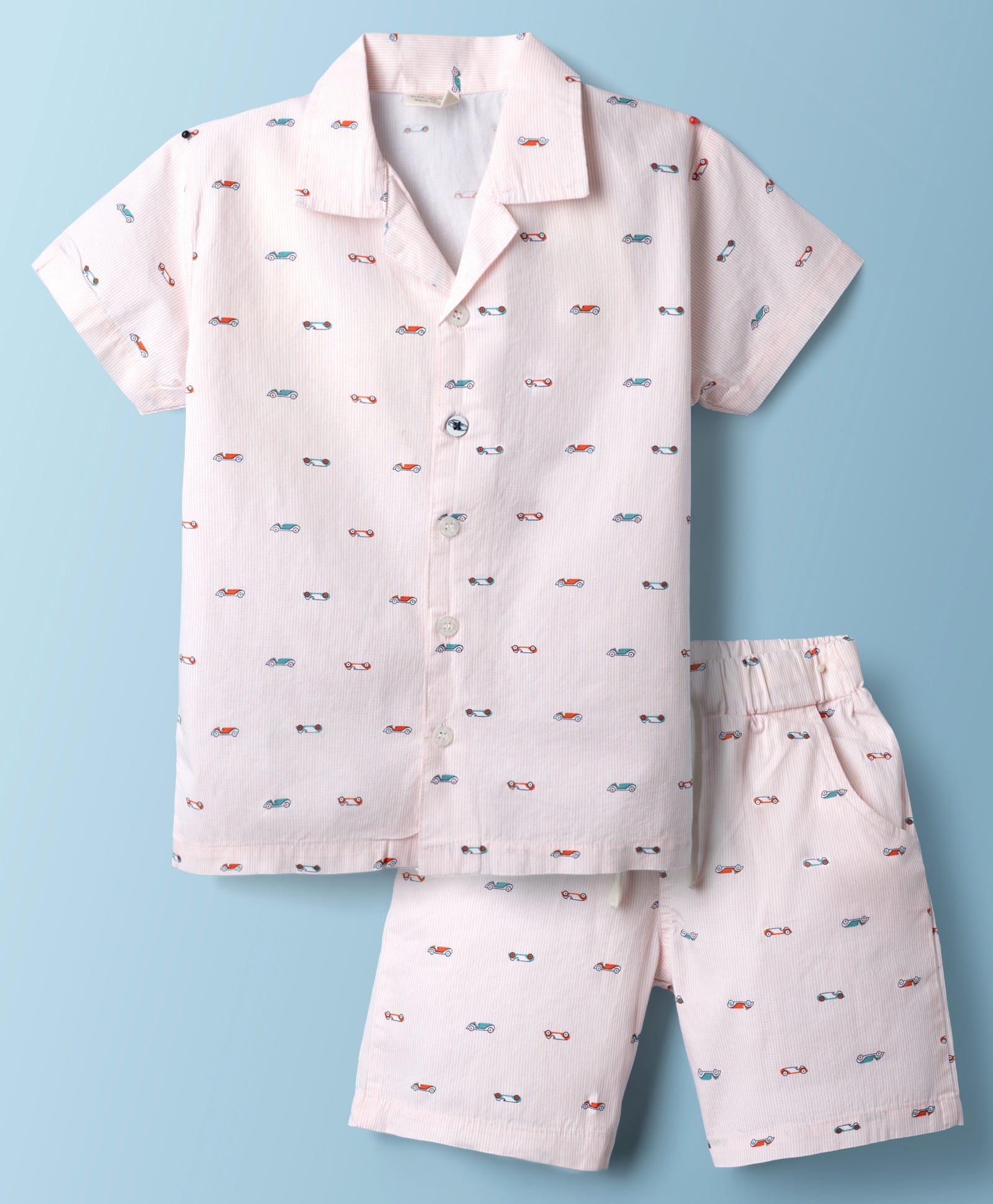 Ollypop Textile Woven Half Sleeves Shirt & Shorts Co-ord Night Suit with Car Print - Peach-picture-27