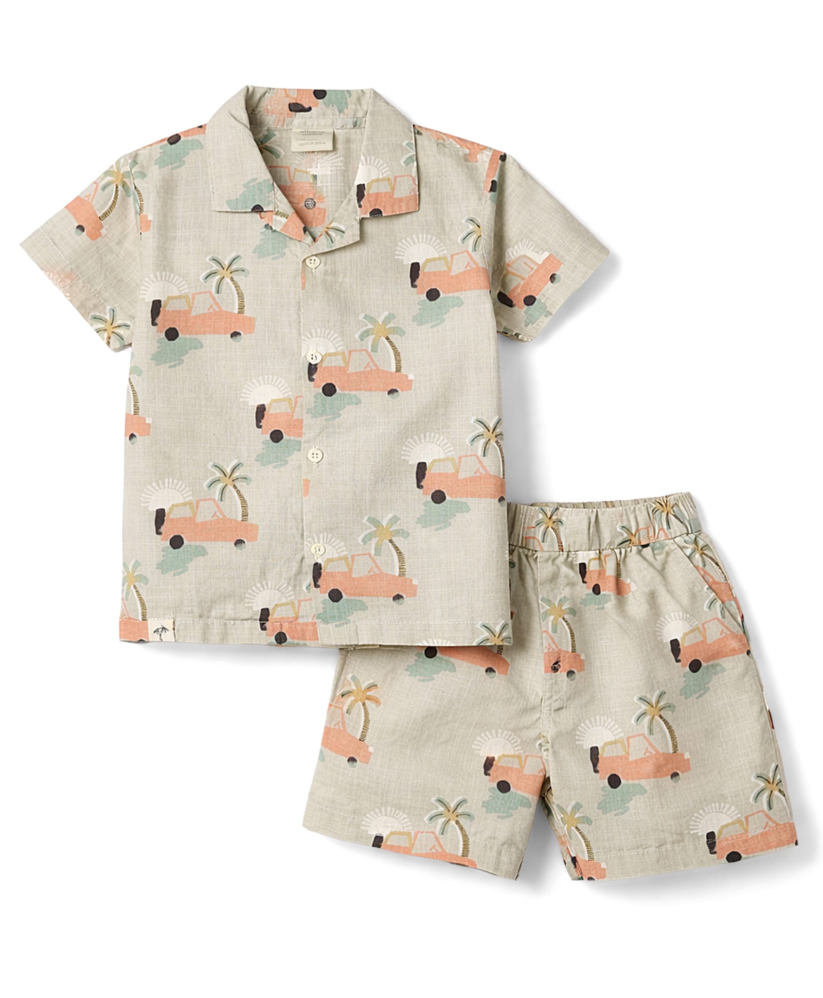 Ollypop Cotton Linen Woven Half Sleeves Co-Ord Shirt & Shorts Night Suit With Car & Tree Print - Olive Green-image-20