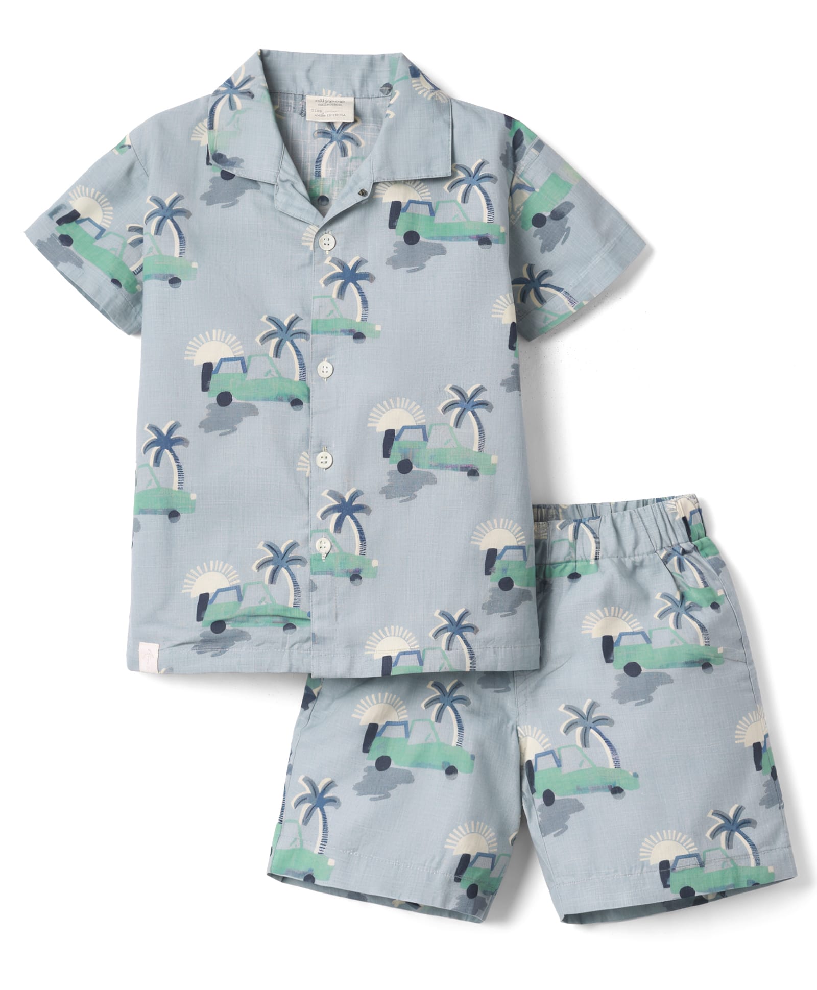 Ollypop Cotton Linen Woven Half Sleeves Co-Ord Shirt & Shorts Night Suit With Car & Tree Print - Light Blue-image-37