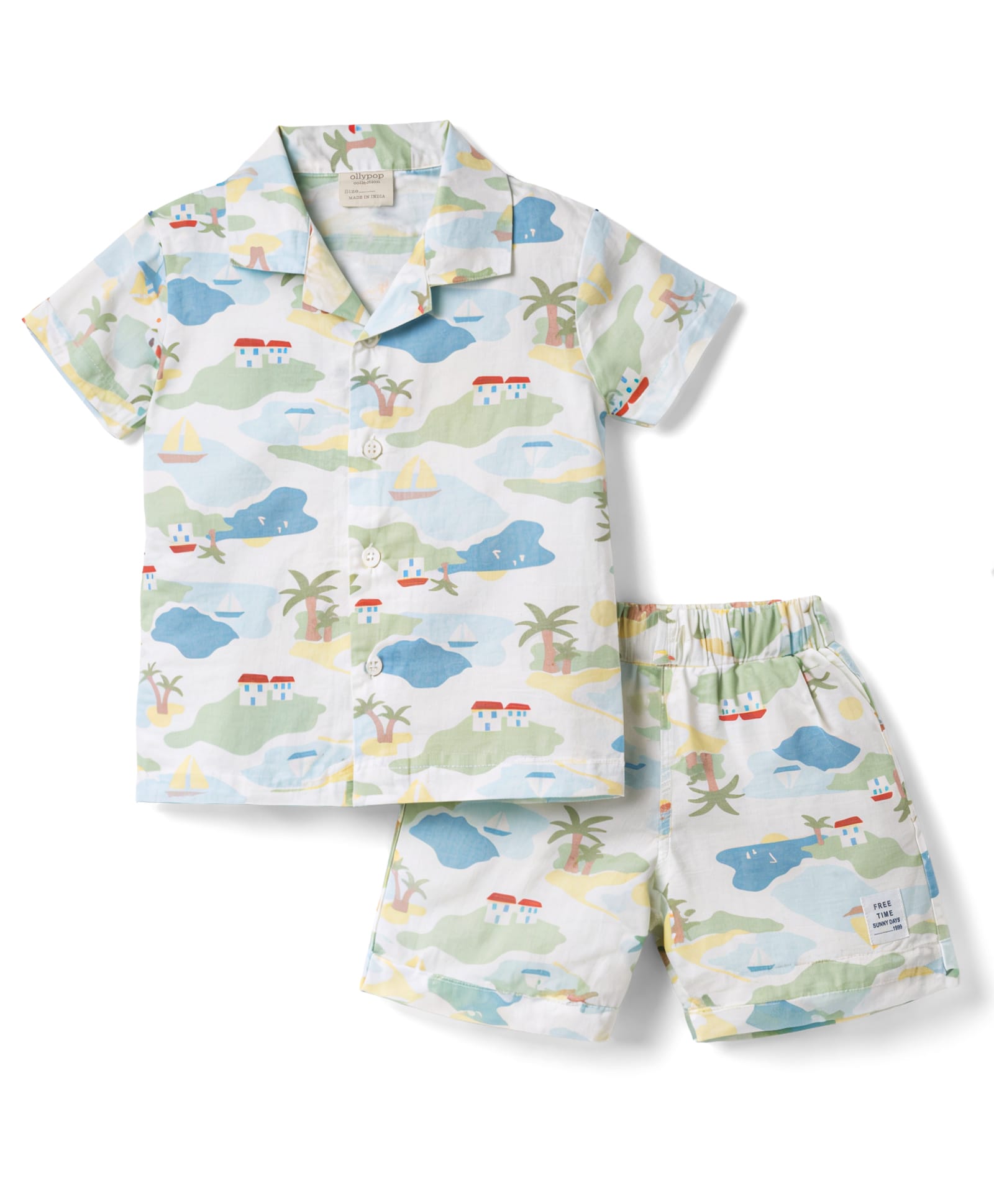 Ollypop Cotton Linen Woven Half Sleeves Co-Ord Shirt & Shorts Printed Night Suit - Blue-picture-1