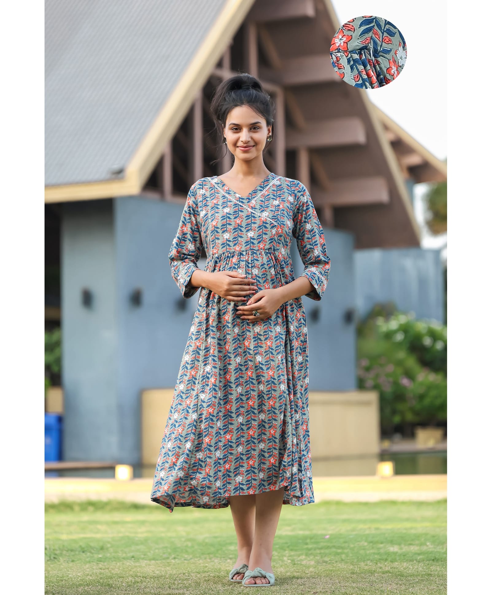 SWEETMOON Linen Knit Three Fourth Sleeves Floral Printed Dress With Side Zipper Nursing Access - Grey-image-49
