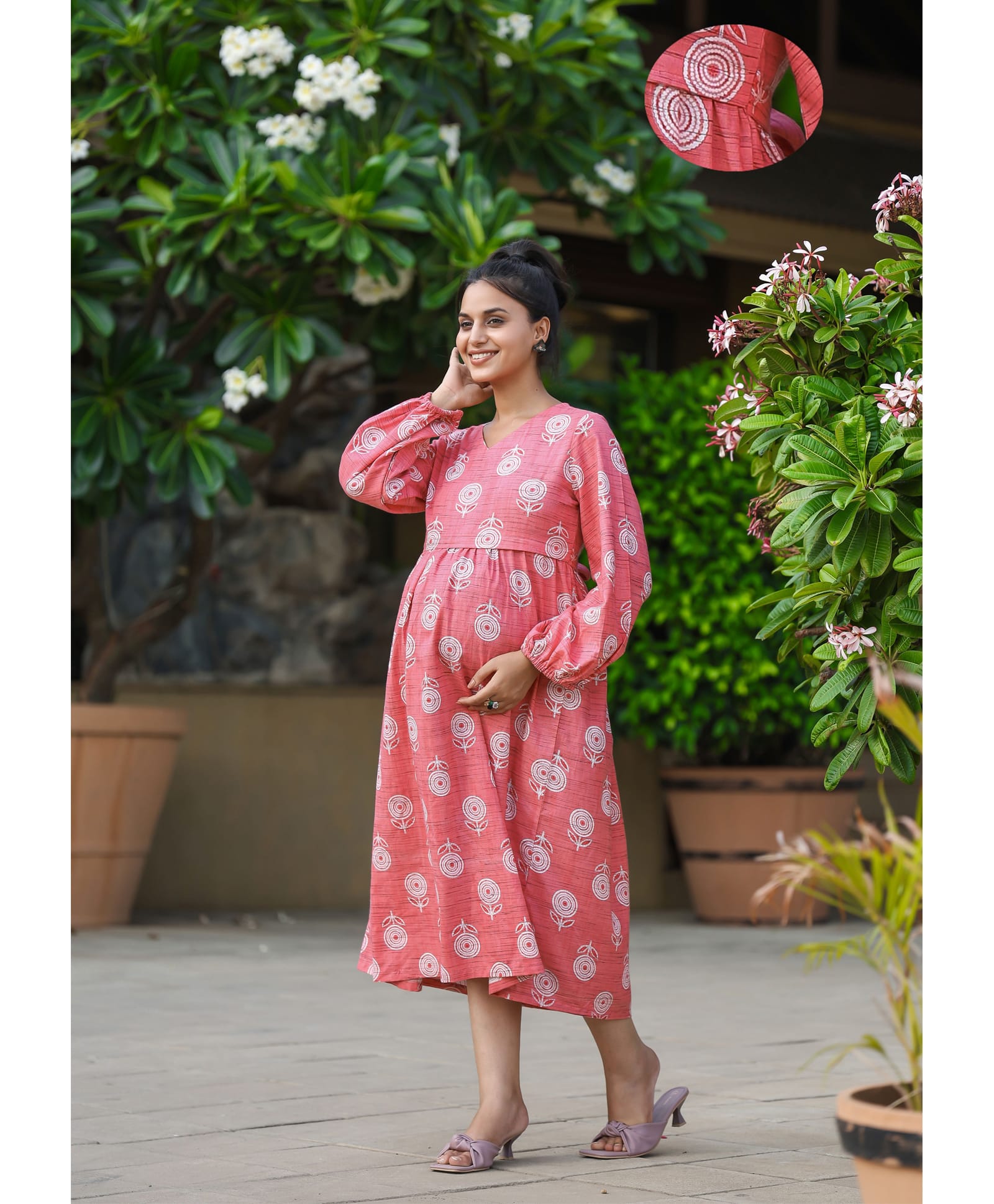 SWEETMOON Linen Knit Full Puffed Sleeves Floral Printed Maternity Dress With Overlap Nursing Access - Pink-image-4