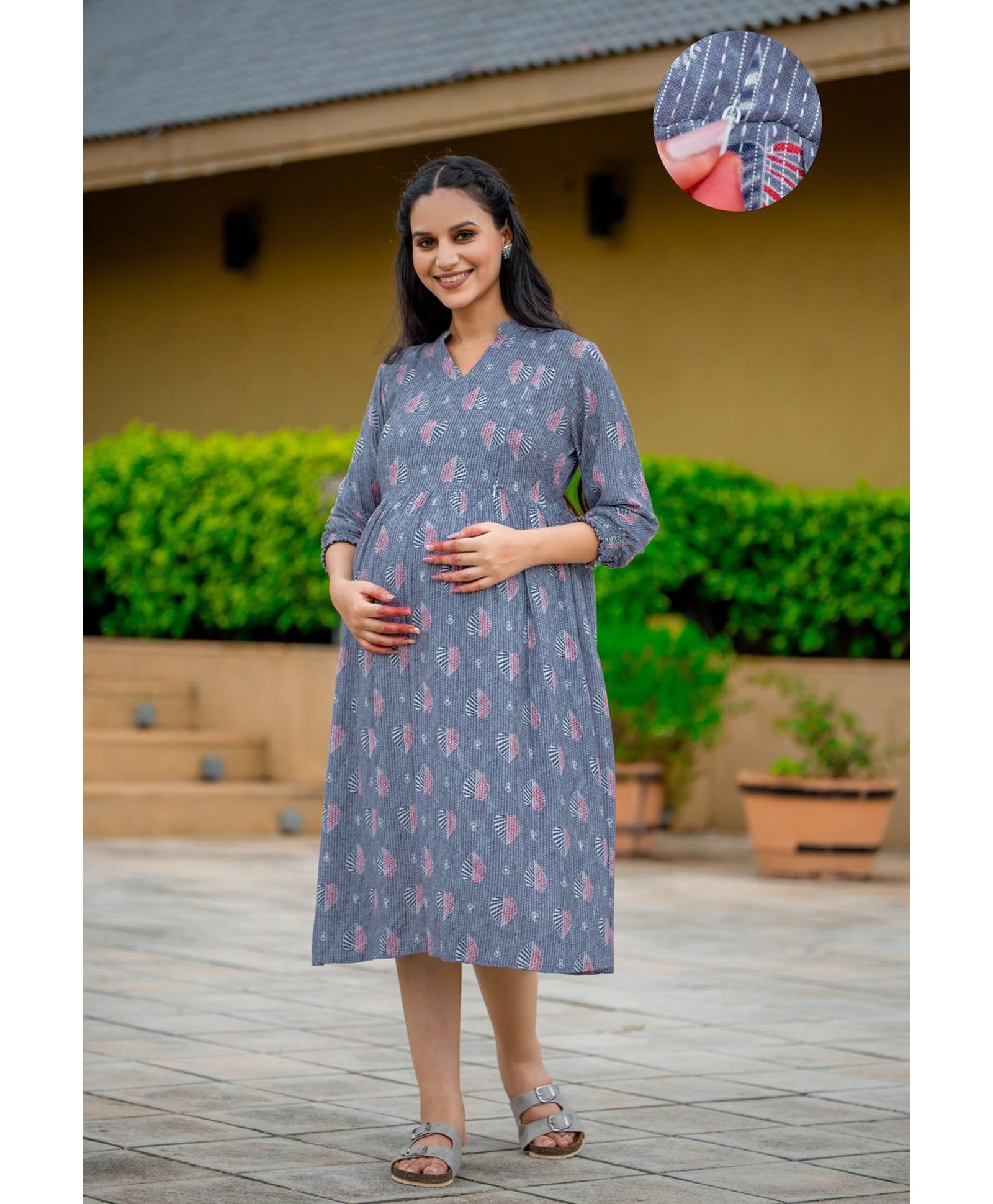 SWEETMOON Rayon Knit Three Fourth Sleeves Leaves Printed Maternity Dress With Side Zipper Nursing Access - Blue-image-18