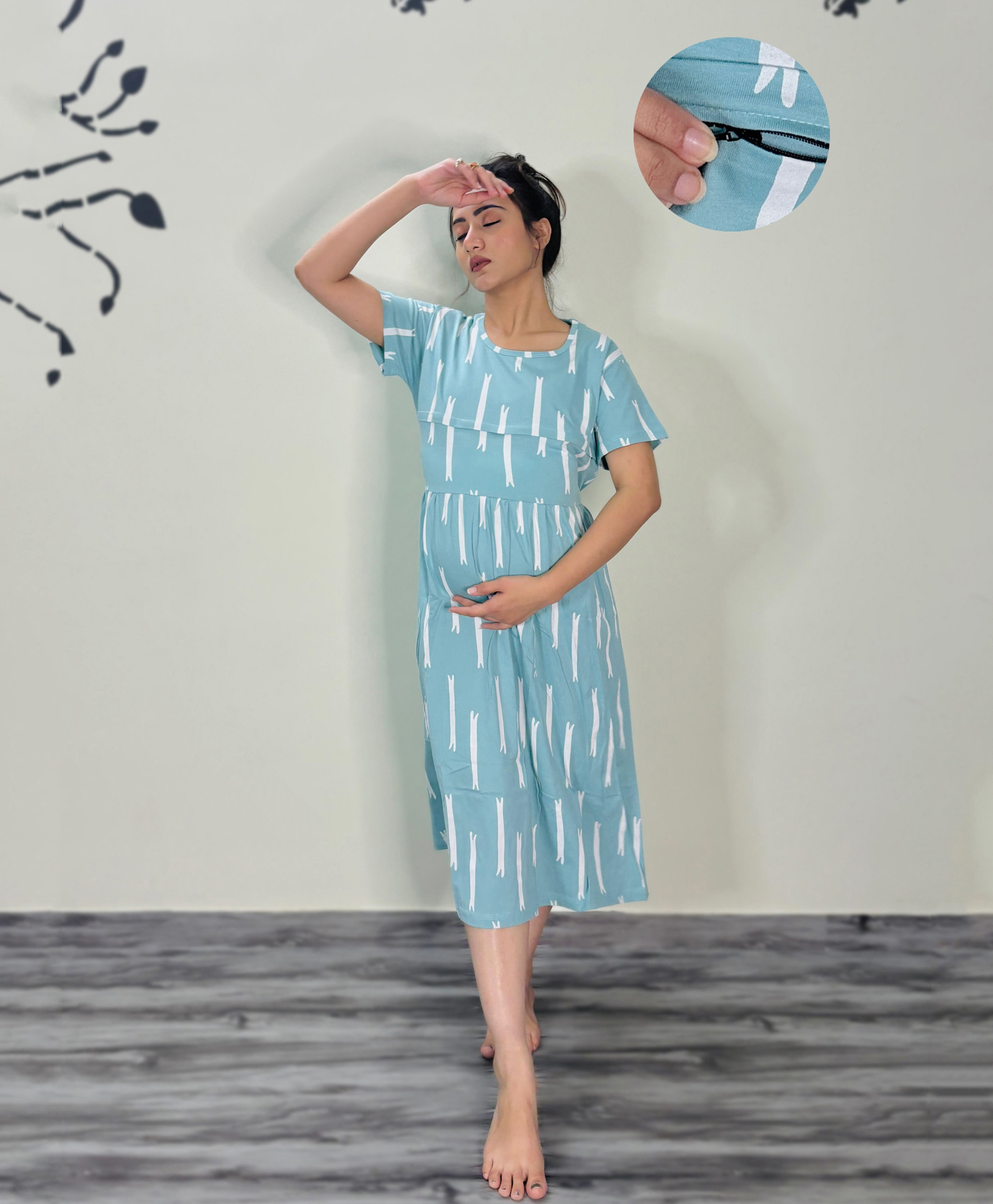SWEETMOON Knitted Half Sleeves Abstract Printed Maternity Nighty - Blue-image-23