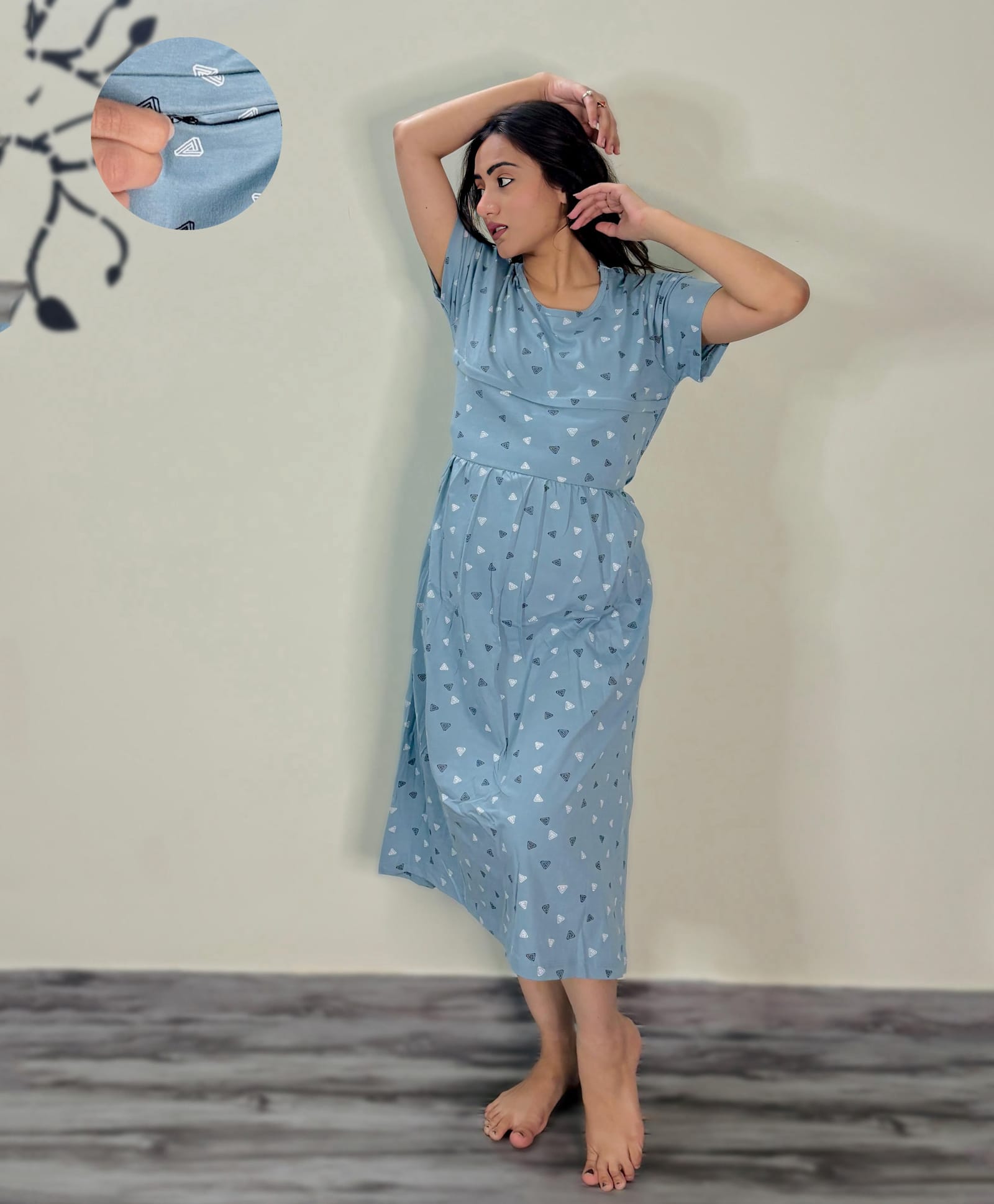 SWEETMOON Rayon Knit Half Sleeves Geometric Printed Maternity Nighty With Overlap Nursing Access - Blue-image-30