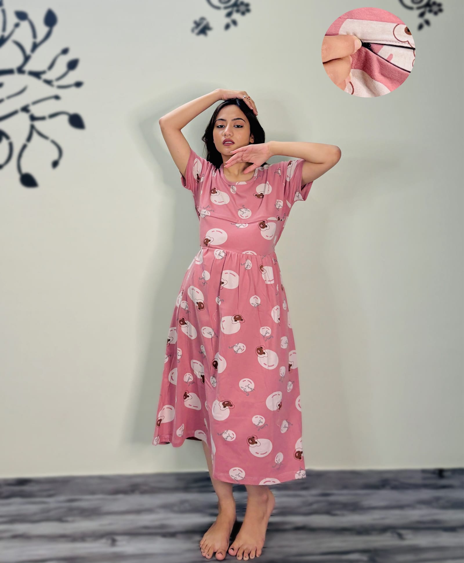 SWEETMOON Rayon Knit Half Sleeves Tribal Motifs Printed Maternity Nighty With Side Zipper Nursing Access - Pink-image-45