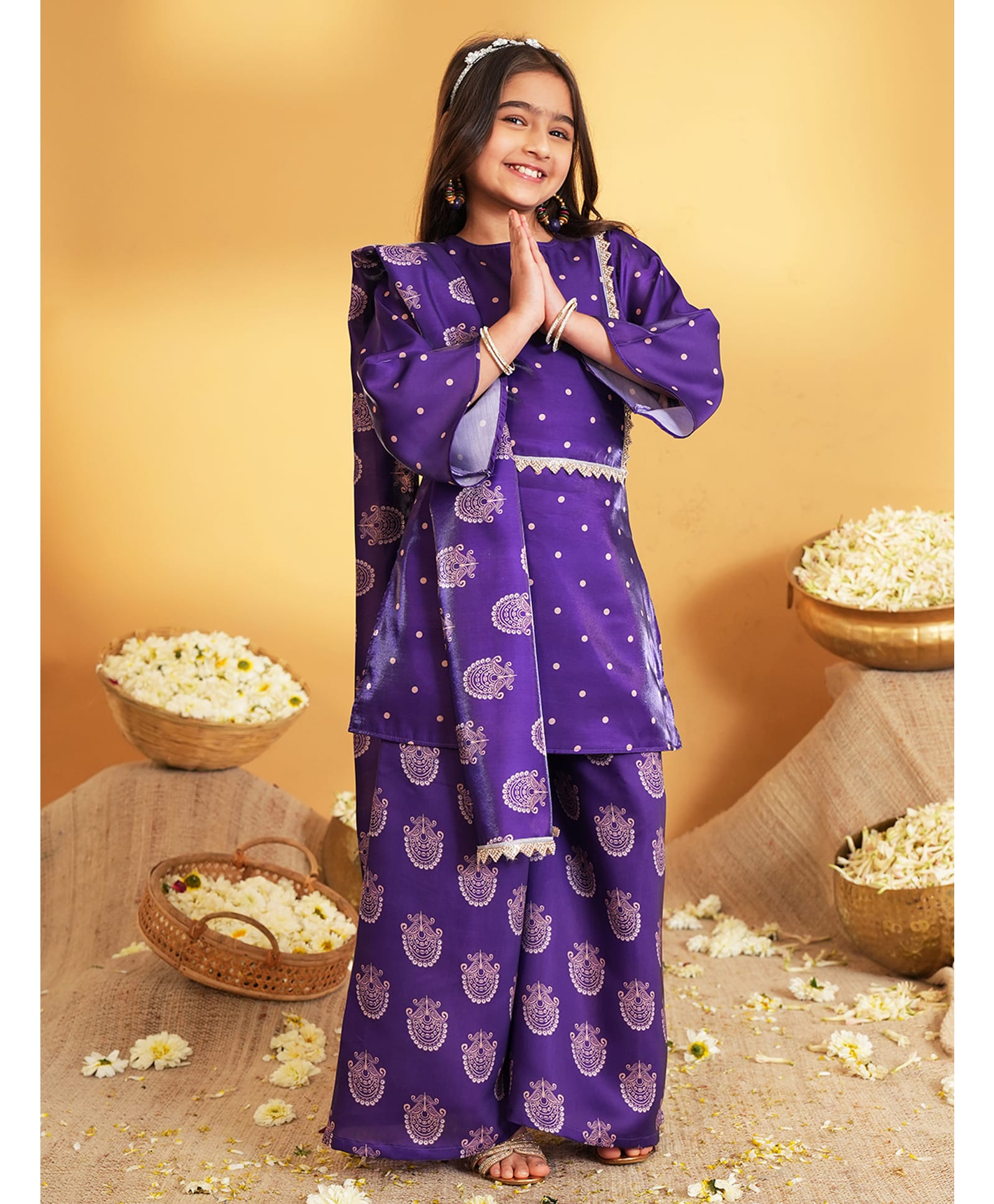 AJ Dezines Silk Woven Three Fourth Sleeves Polka Dots Printed & Gota Lace Embellished Kurti & Palazzo Set With Dupatta - Purple