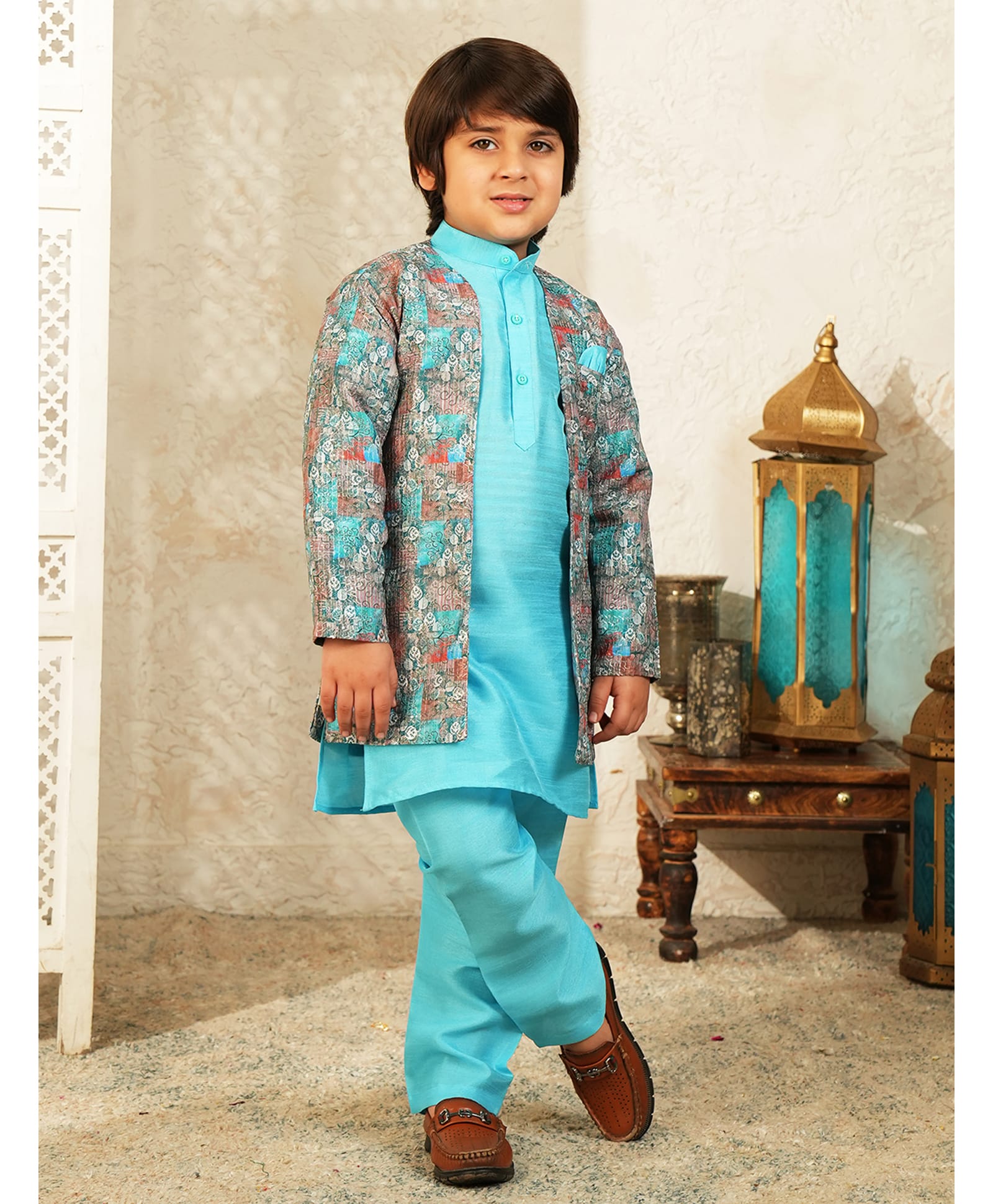 AJ Dezines Silk Woven Full Sleeves Solid Kurta Pyjama Set With Abstract Printed Sherwani - Sky Blue-picture-4