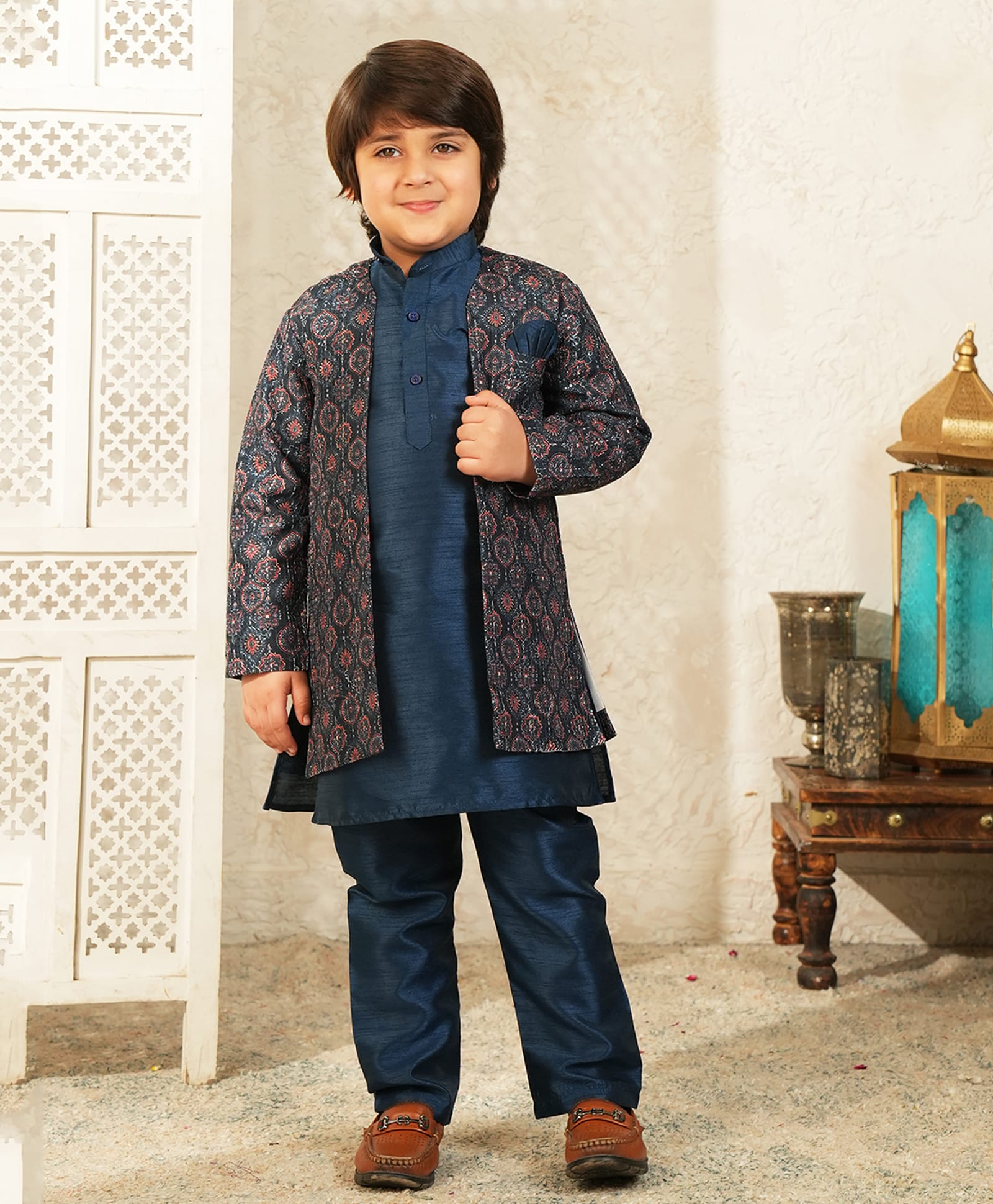 AJ Dezines Silk Woven Full Sleeves Solid Kurta Pyjama Set With Abstract Printed Sherwani - Navy Blue-image-2
