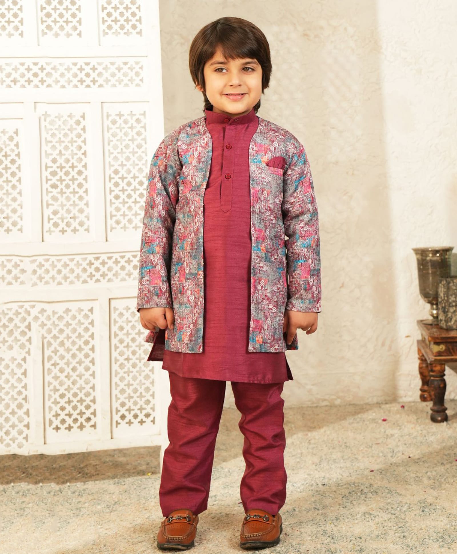 AJ Dezines Silk Woven Full Sleeves Solid Kurta Pyjama Set With Ethnic Printed Sherwani - Maroon-image-1