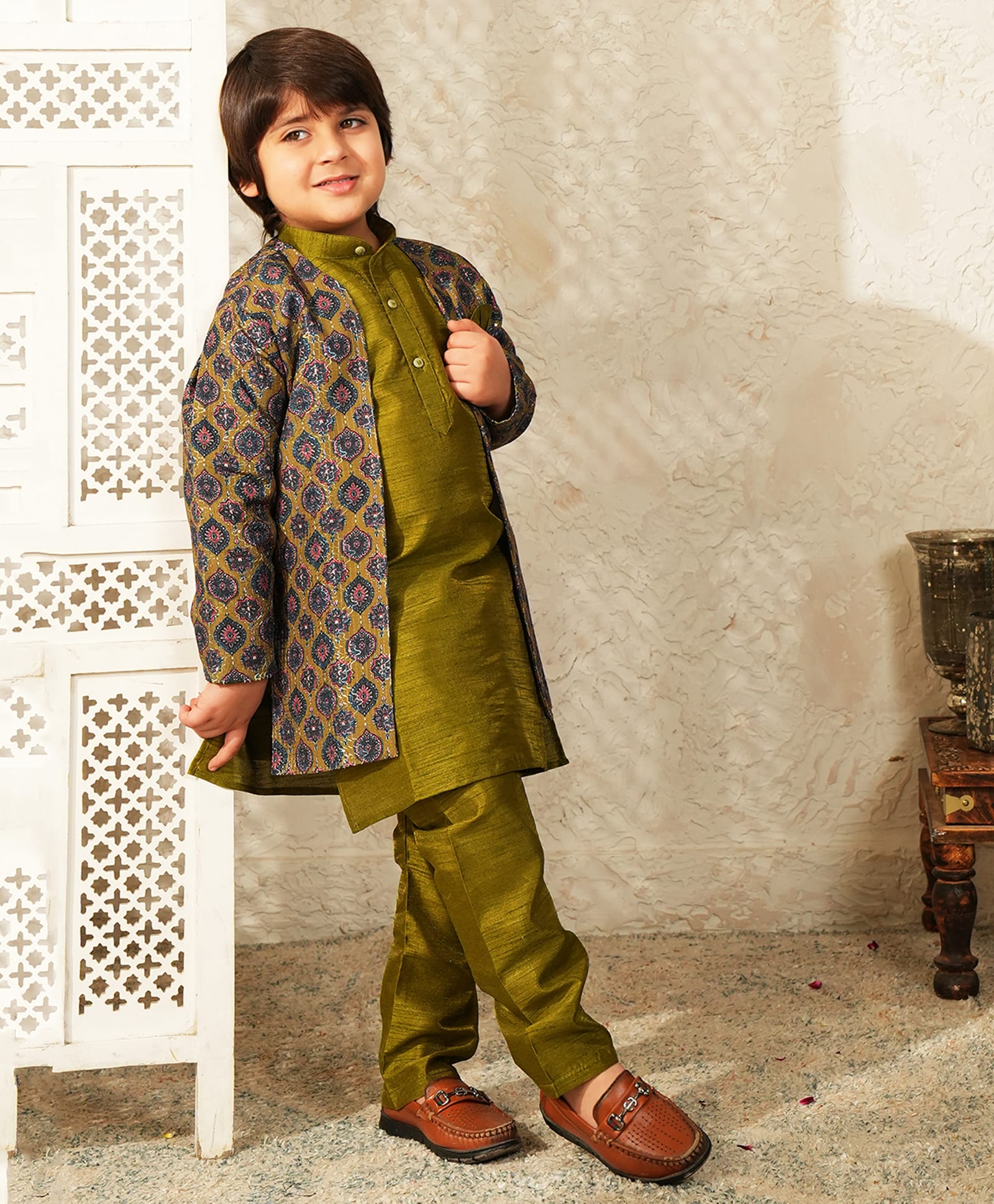 AJ Dezines Silk Woven Full Sleeves Solid Kurta Pyjama Set With Ethnic Printed Sherwani - Green