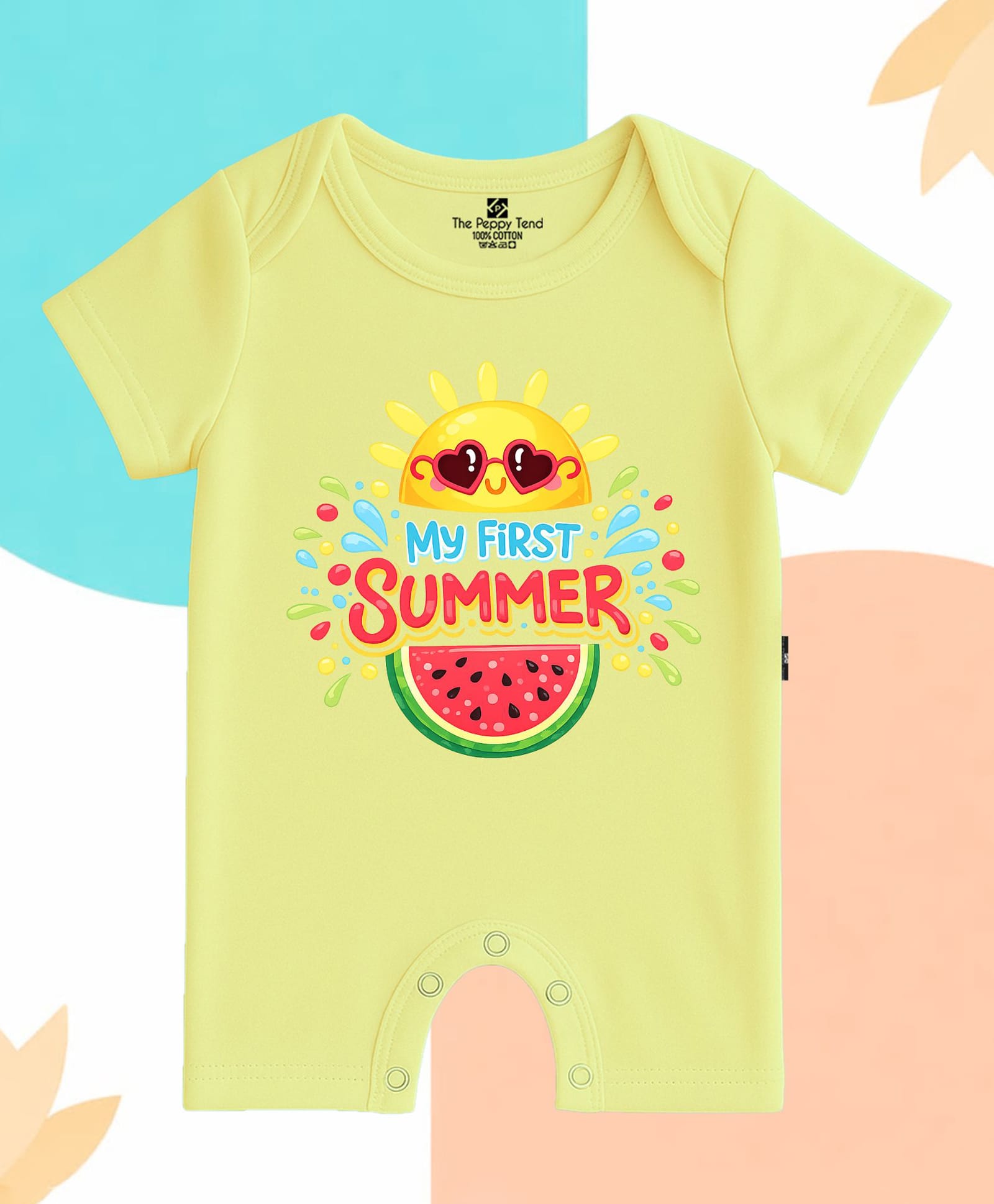 The Peppy Tend 100% Cotton Knit Half Sleeves My First Summer Text Printed Romper -Yellow-image-32