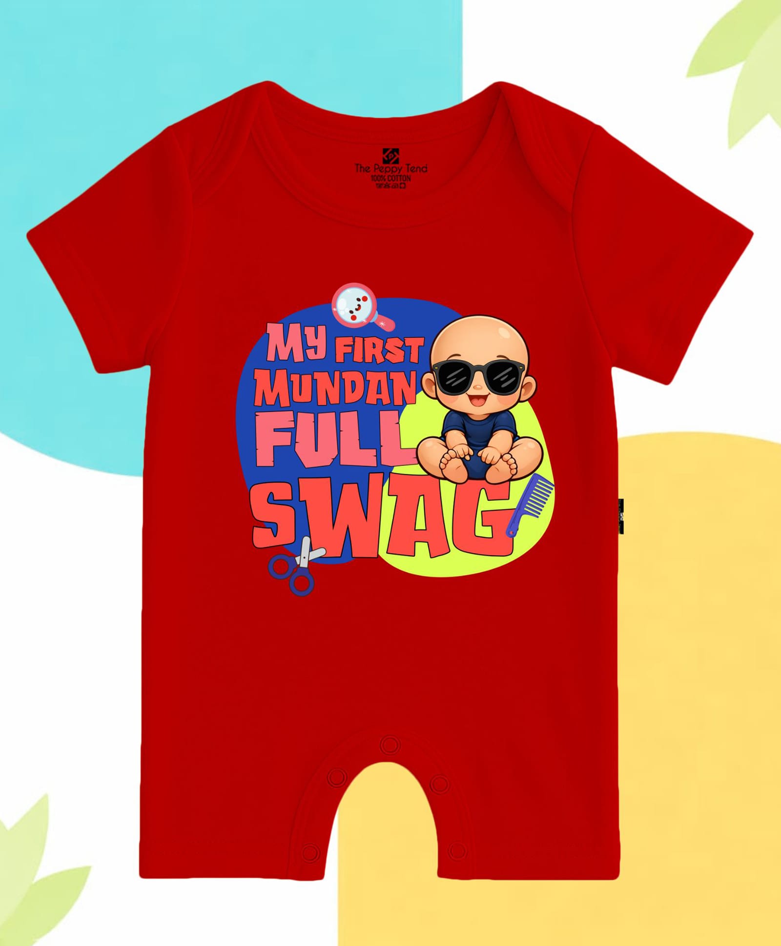 The Peppy Tend 100% Cotton Knit Half Sleeves My First Mundan Full Swag Text Printed Romper - Red-image-48