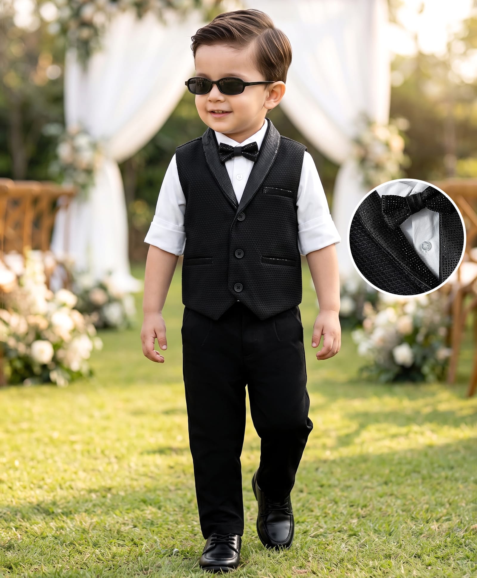 Babyhug Knit Full Sleeves Solid Color 3 Piece Party Suit with Bow & Rhinestone Detailing - Black-picture-28