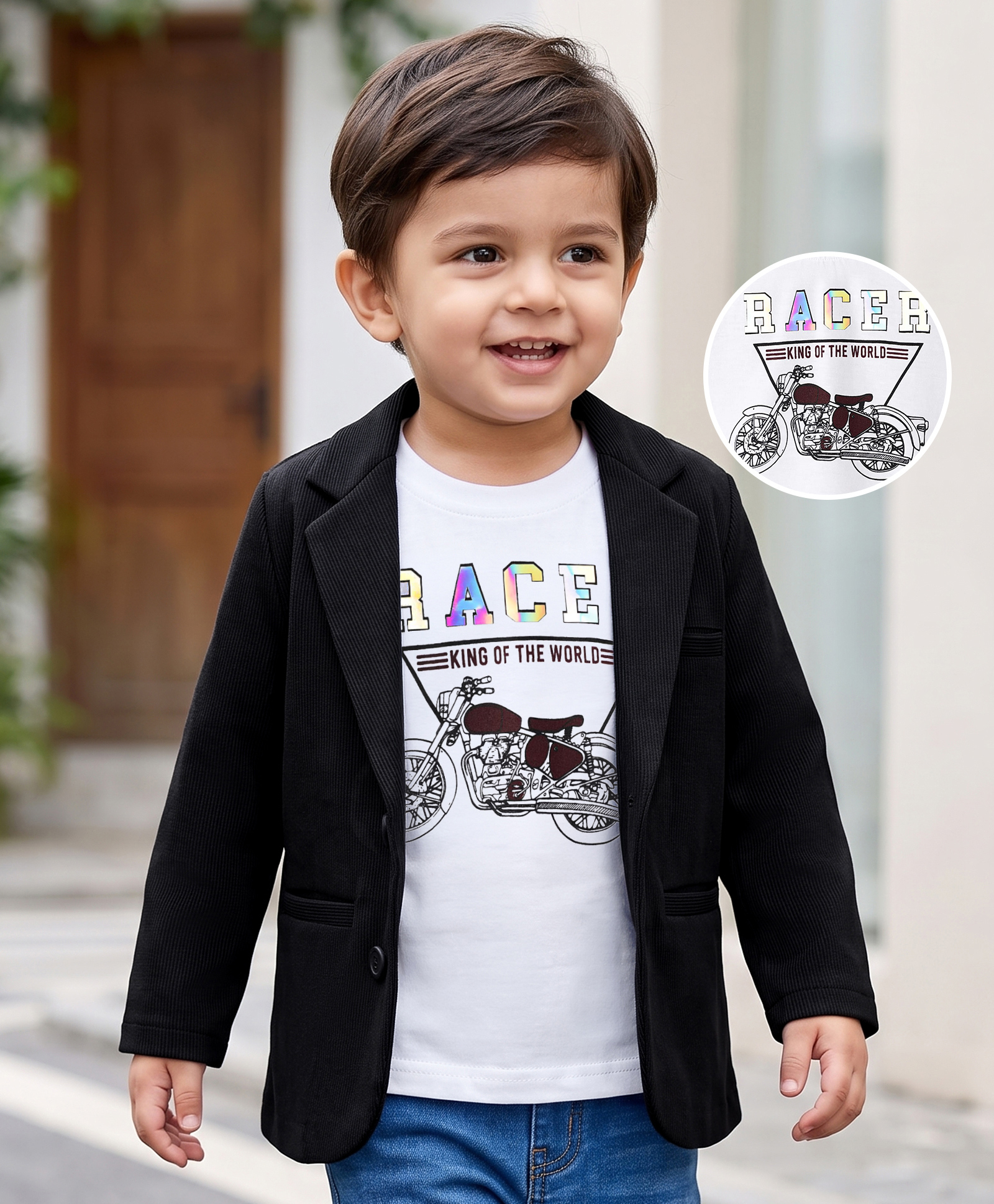 Babyhug Knit Full Sleeves Party Wear Blazer With Graphic Printed T-Shirt - Black-picture-25
