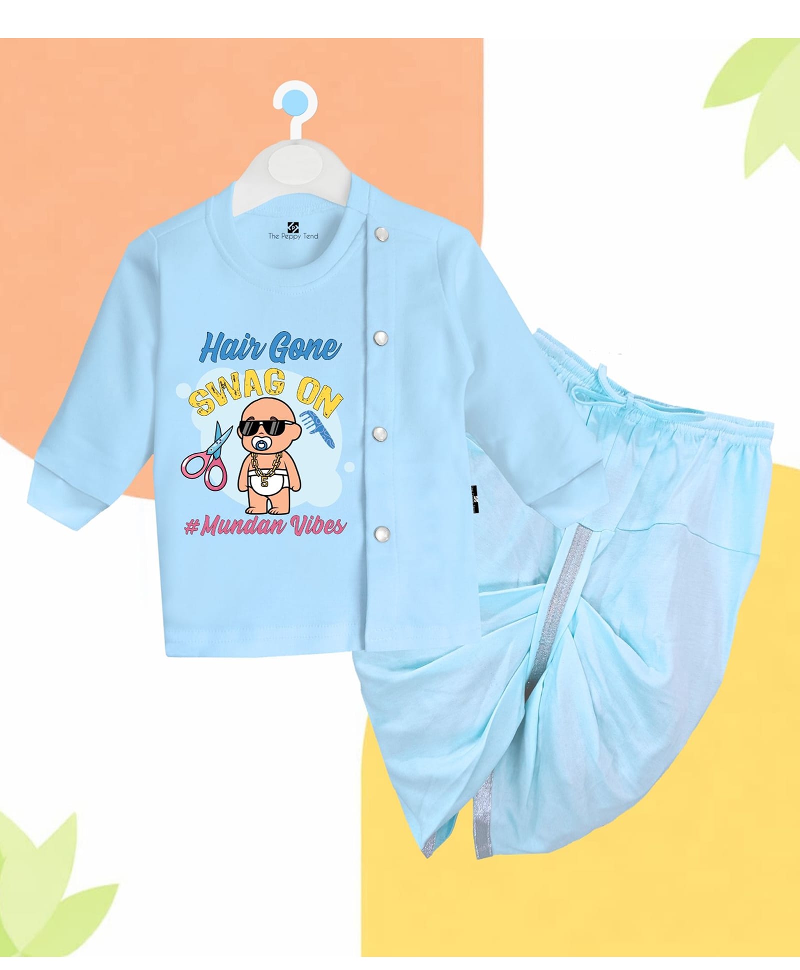 The Peppy Tend 100% Cotton Knit Full Sleeves Hair Gone Swag On Text Printed Dhoti Kurta Set - Blue-image-45