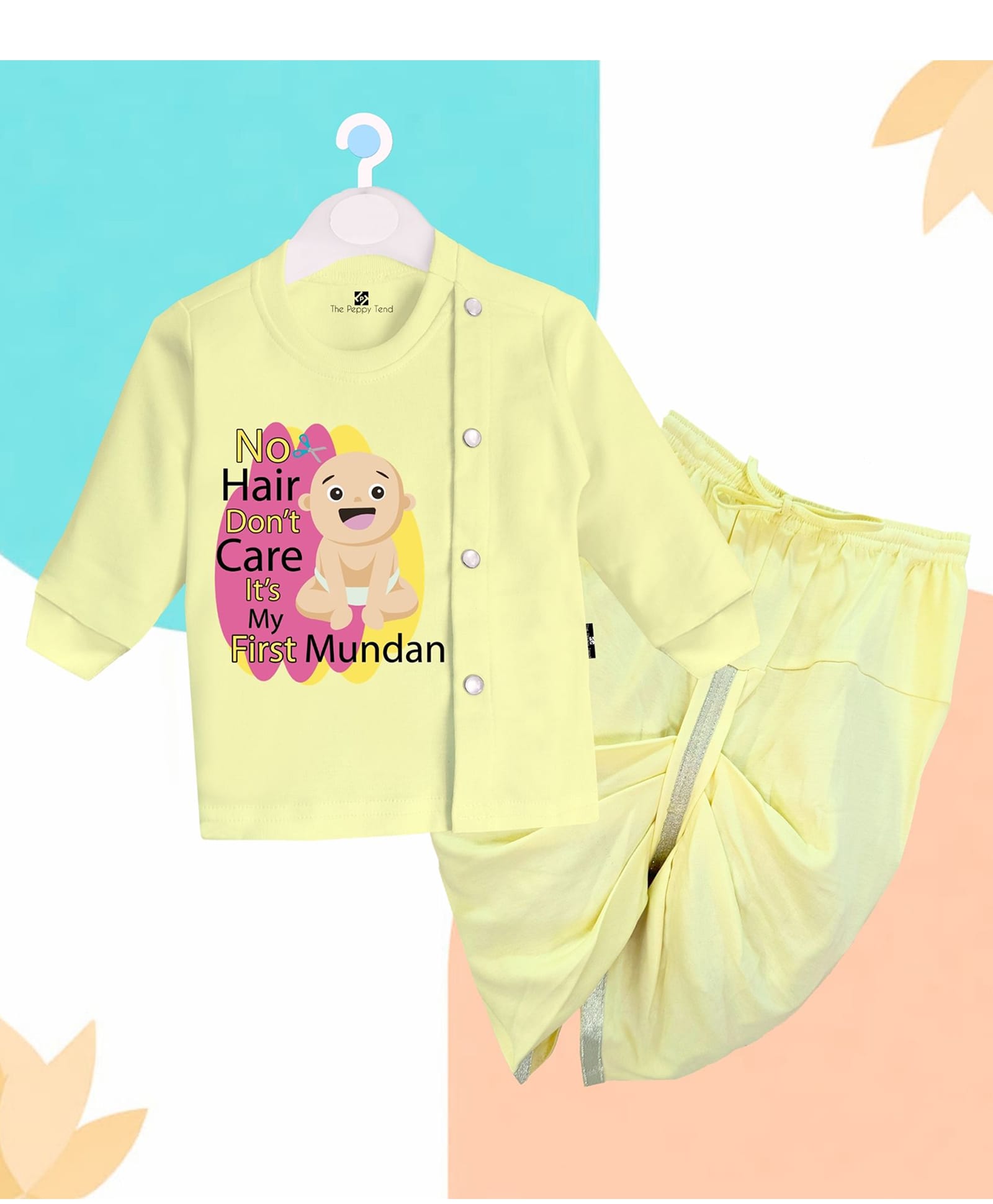 The Peppy Tend 100% Cotton Knit Full Sleeves Its My First Mundan Text Printed Dhoti Kurta Set - Yellow-picture-22
