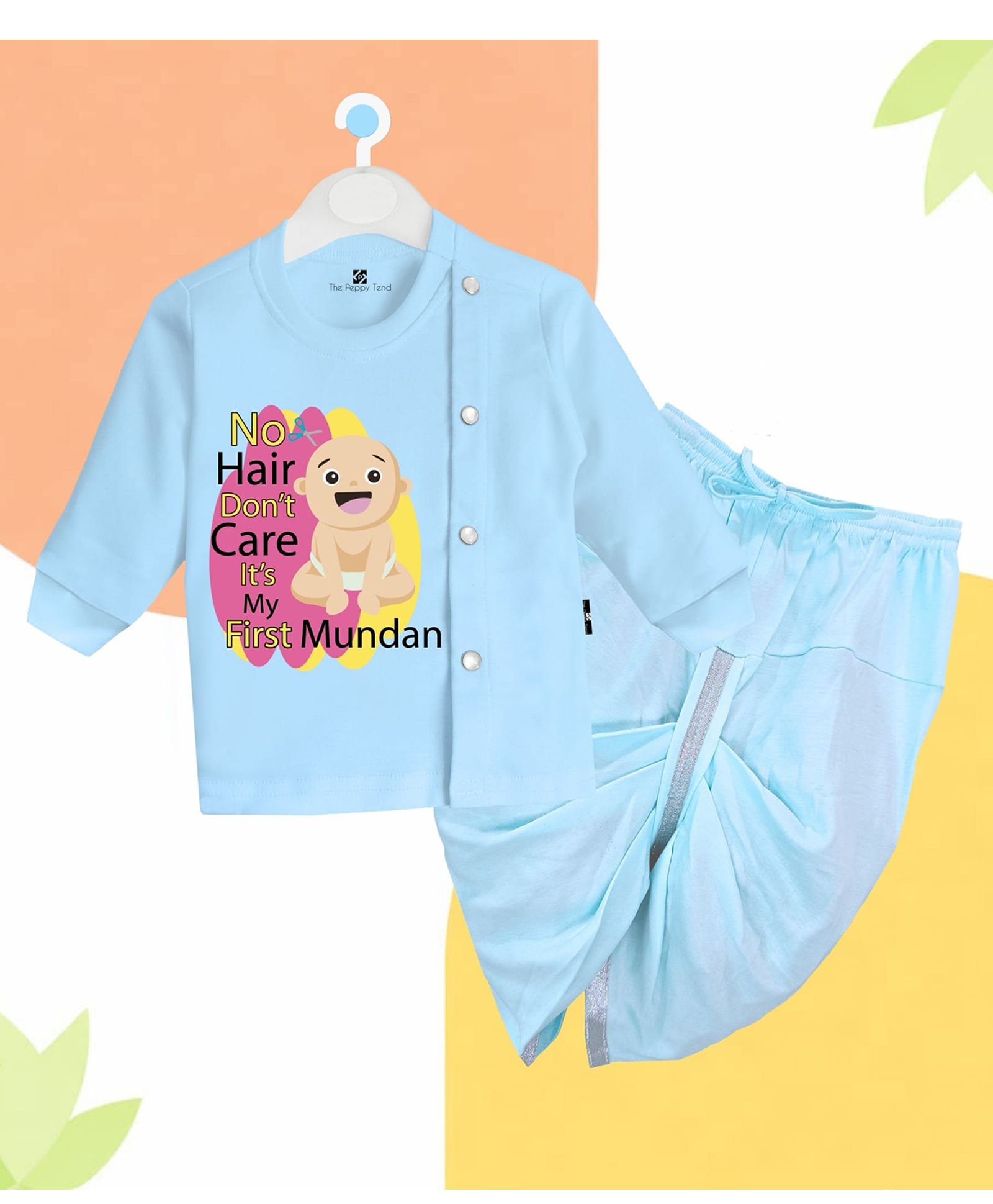 The Peppy Tend 100% Cotton Knit Full Sleeves Its My First Mundan Text Printed Dhoti Kurta Set - Blue-picture-10