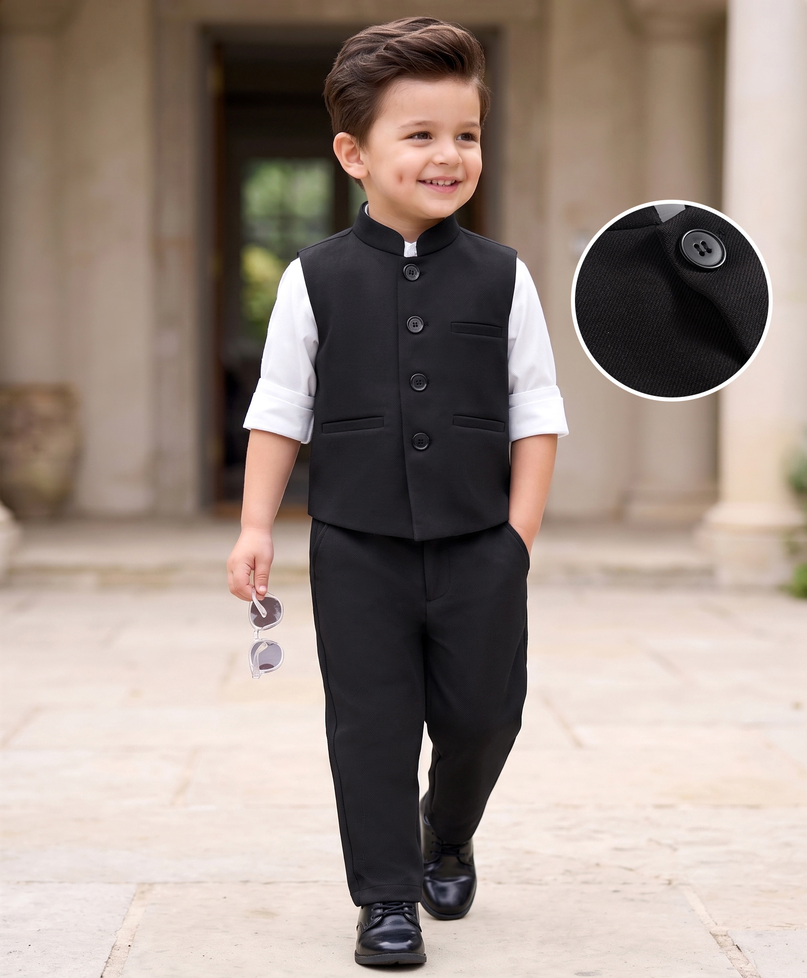 Babyhug Knit Full Sleeves Solid 3 Piece Party Suit with Stretchabale Waistcoat & Bow - Black & White-image-29