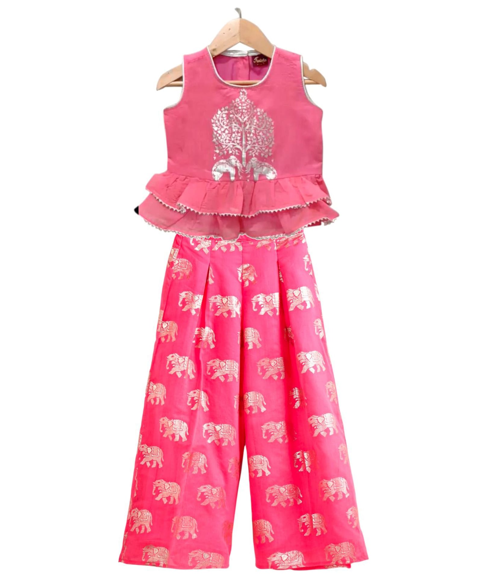 Twisha Woven Sleeveless Elephant Foil Printed Top & Palazzo Set - Coral-image-47