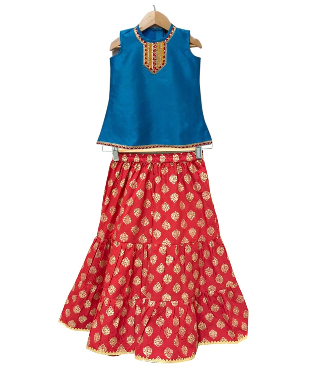 Twisha Sleeveless Lace Embellished Top & Floral Foil Printed Skirt Set - Blue & Red-image-16