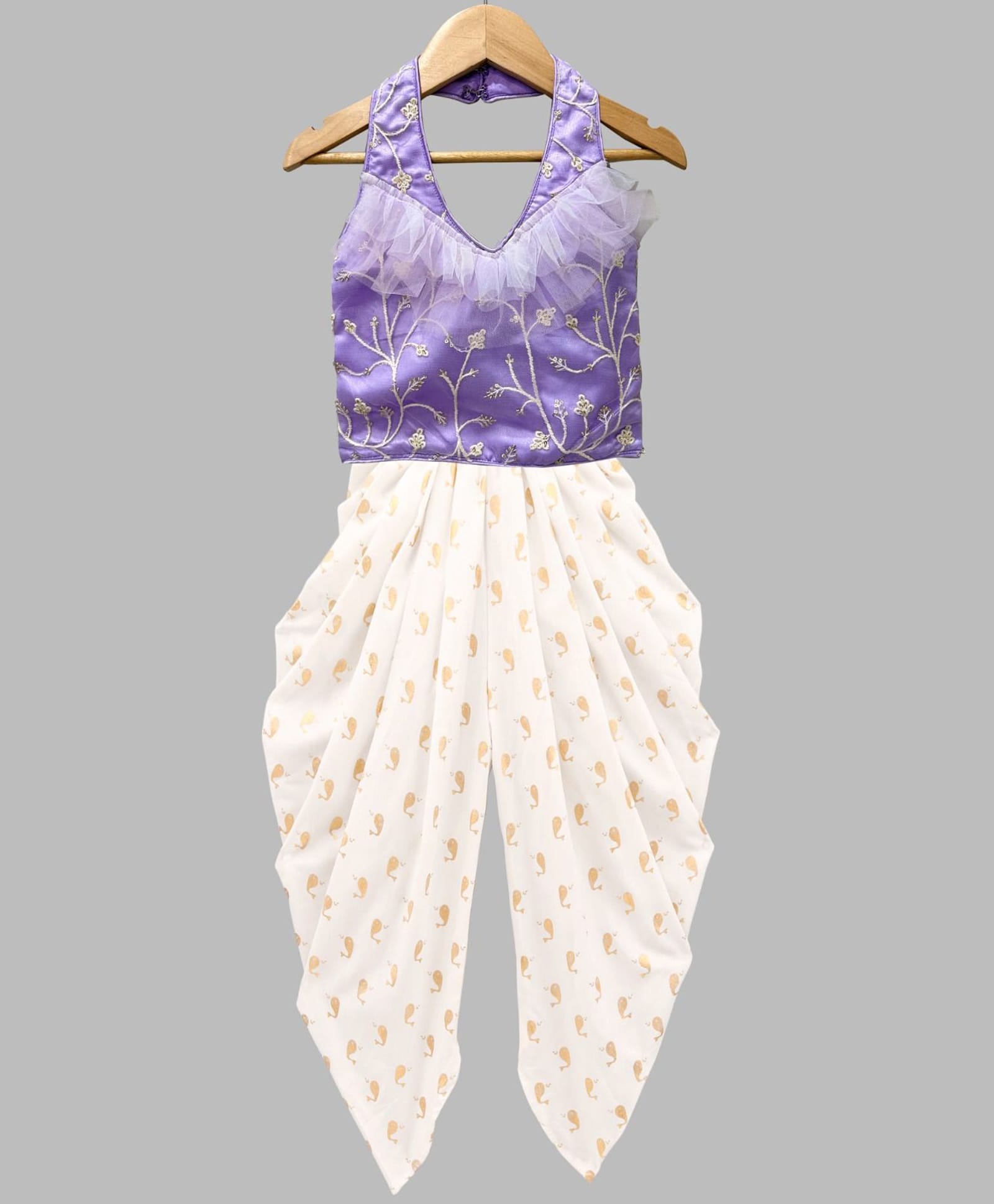 Twisha Woven Sleeveless Frill Detailed Sequin Embellished Floral Embroidered Top & Dhoti Set - Lavender & Offwhite-image-6