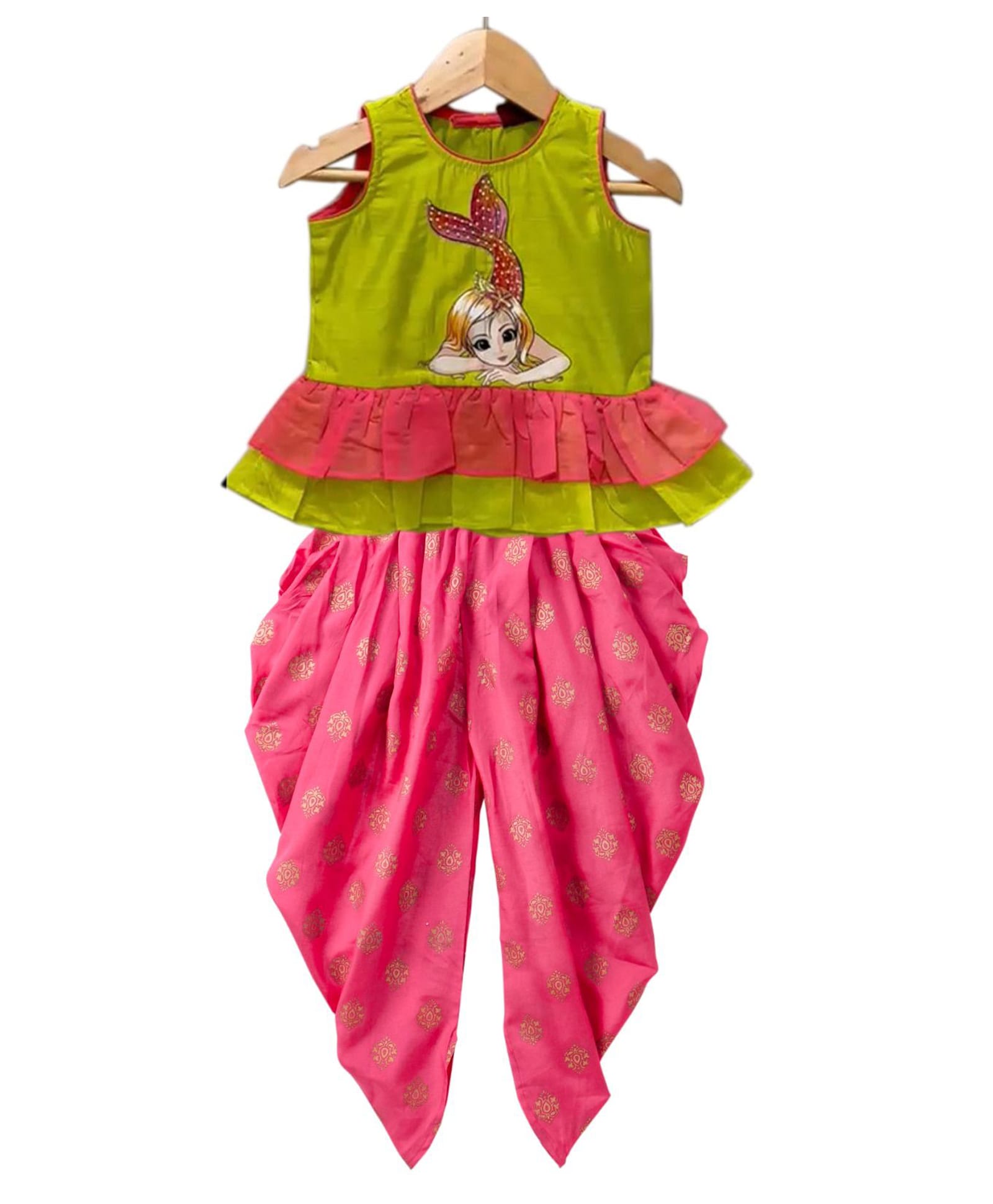 Twisha Woven Sleeveless Mermaid Printed Top & Dhoti - Limegreen & Coral-image-15