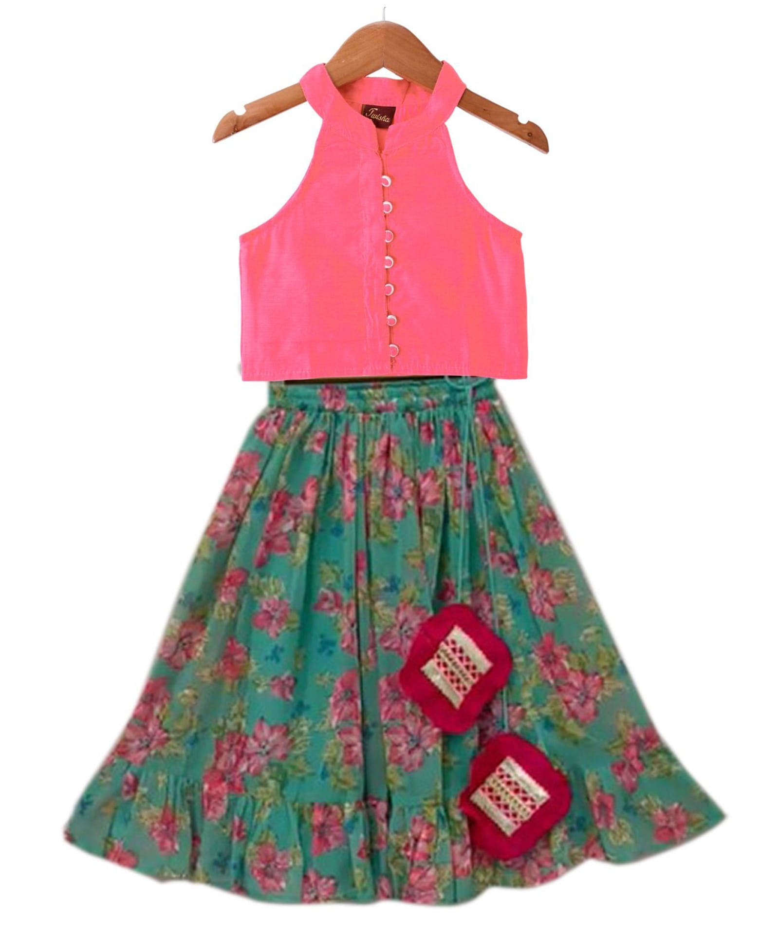 Twisha Chanderi Woven Sleeveless Solid Lehenga & Choli Set - Coral & Sea Green-image-40