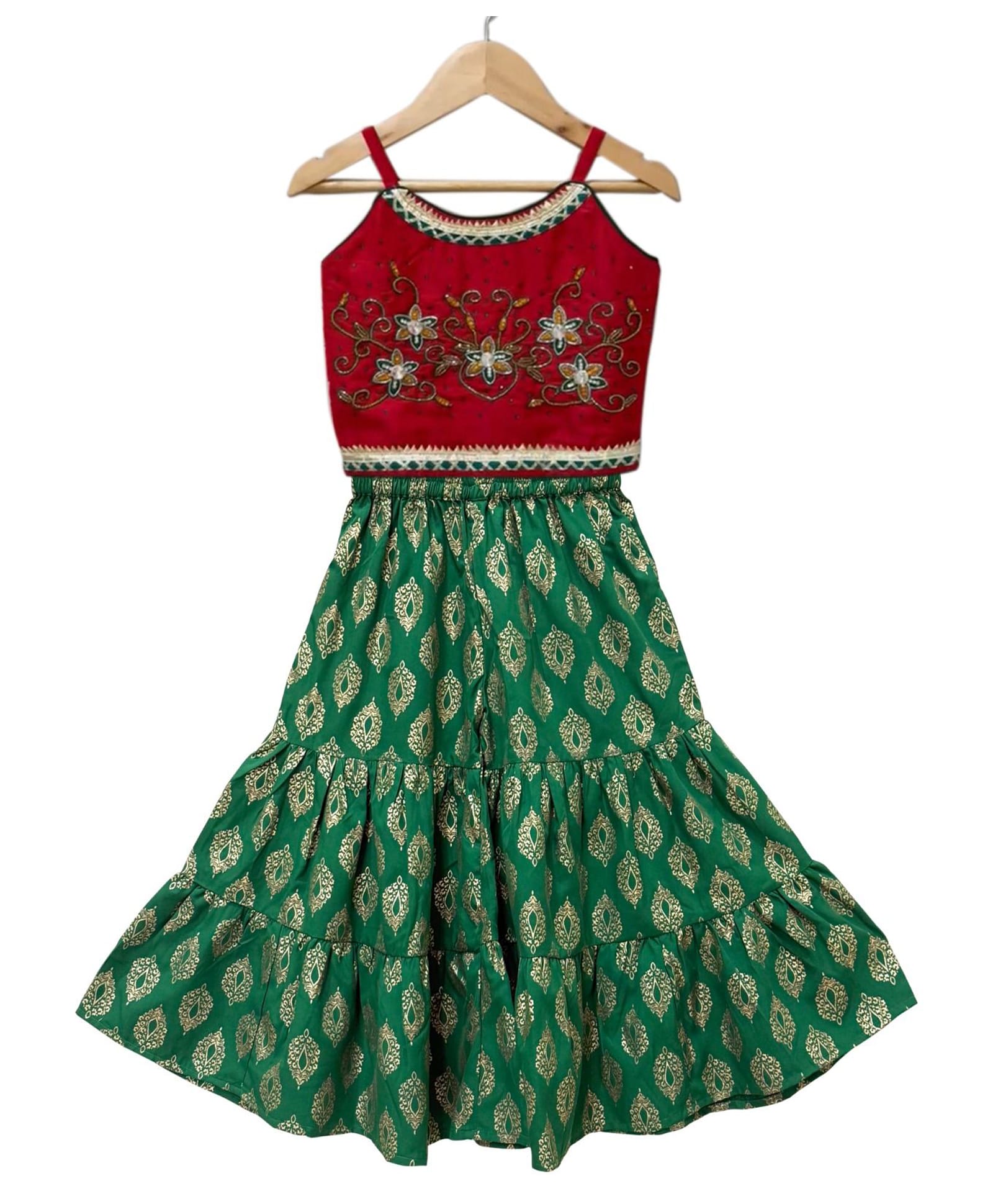 Twisha Woven Sleeveless Floral Embroidered Top & Sharara Set - Red & Green-image-16