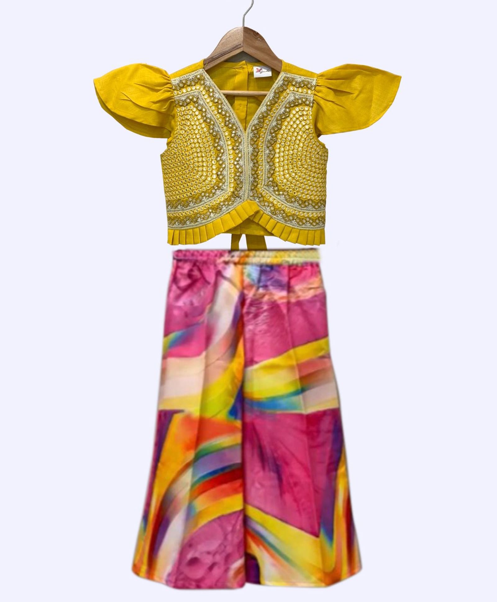 Twisha Woven Half Sleeves Mirror & Lace Embellished Top & Palazzo Set - Yellow & Multi Colour-image-38