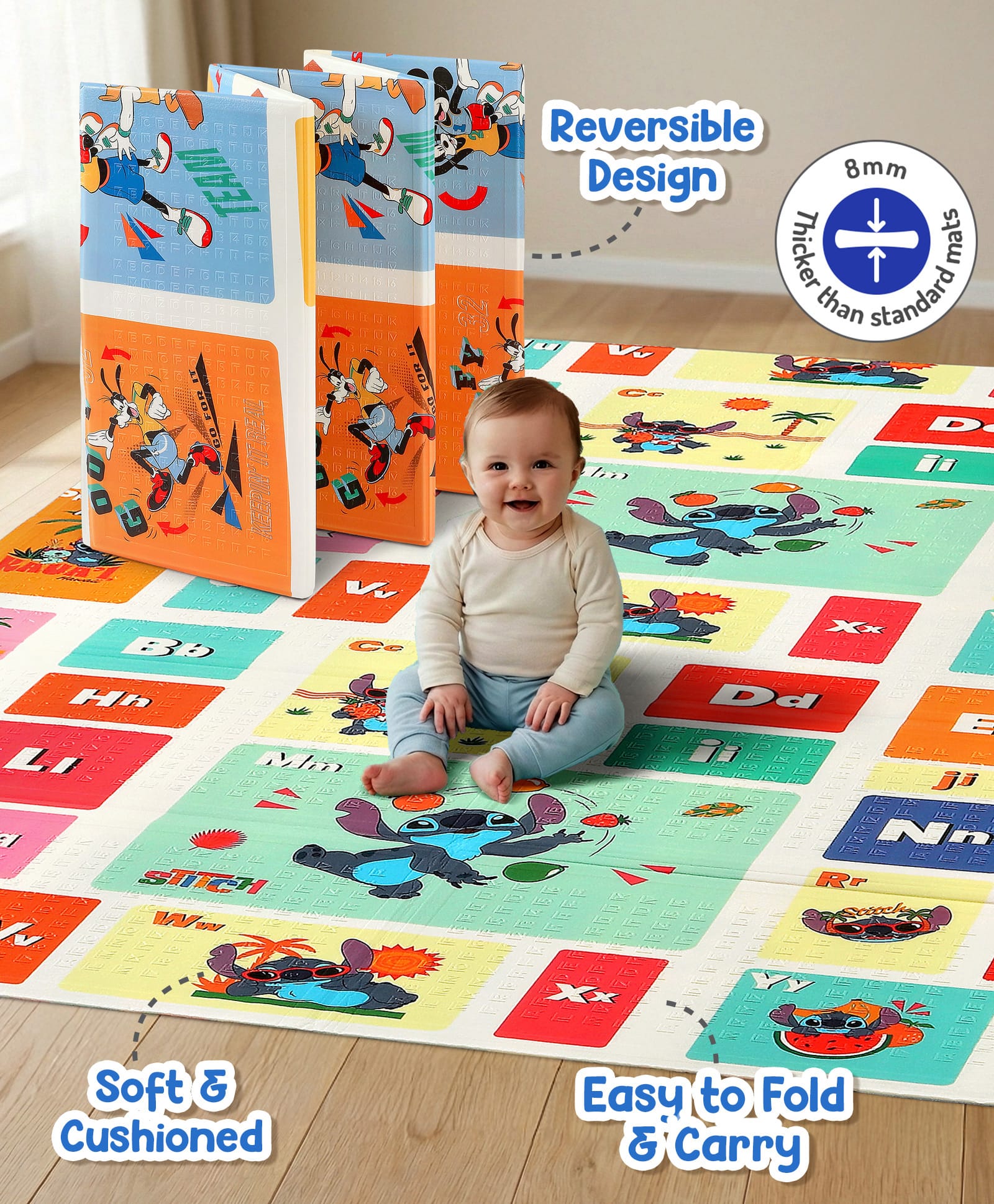 Babyhug Disney Reversible Learning & Play Floor Mat - Mickey & Stitch Theme| 180x150 cm| Dense 8mm Thickness|Waterproof Foam|Crawling & Baby Massage Mat| Foldable & Portable| BIS Certified| 04 Years-image-8