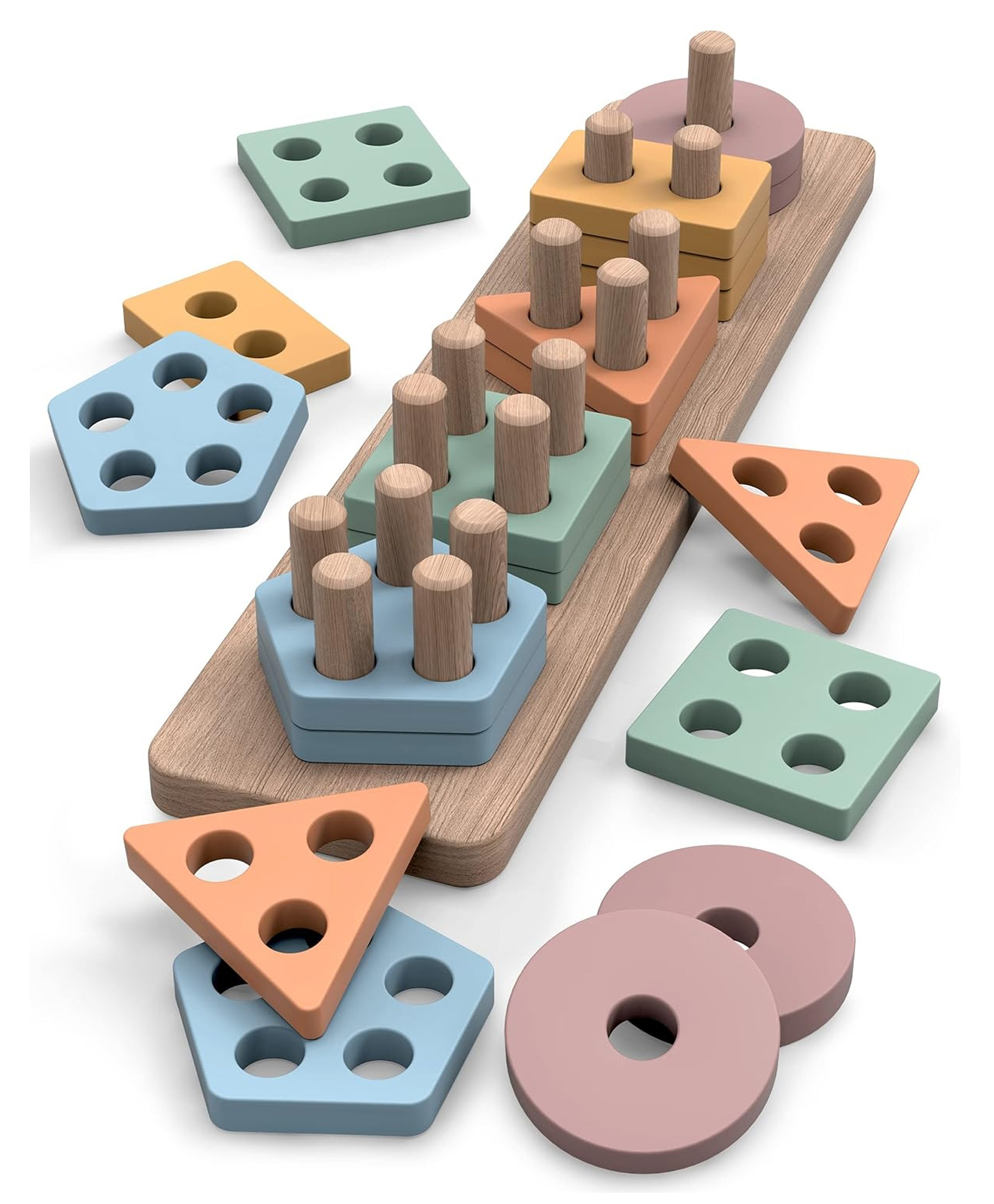 YAMAMA Wooden 5 Column Toys For Kids, Montessori Toys For Toddlers, Wooden Sorting and Stackable Blocks Toys for Baby Boys and Girls, Shape Sorter and Color Stacker Preschool Kids Toys - Multicolor-image-41