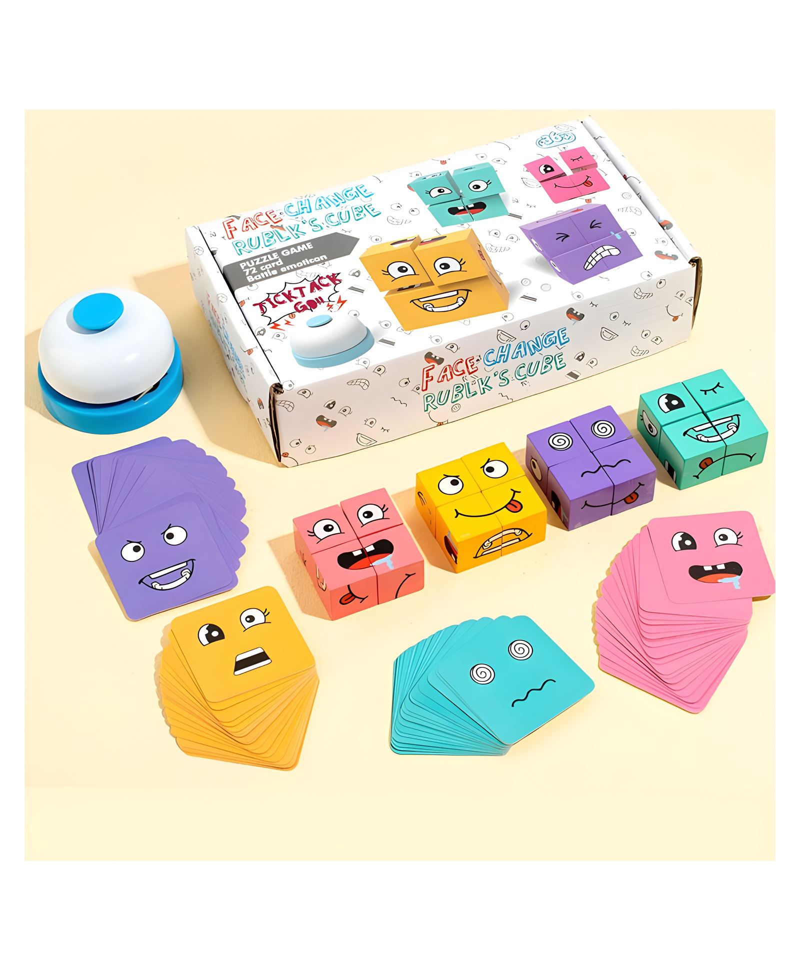 YAMAMA Face Changing Rubiks Cube, Matching Face Changing Expression Puzzle Race with Wooden Cubes 1 to 4 Players for Kids and Adults - Multicolor-image-2