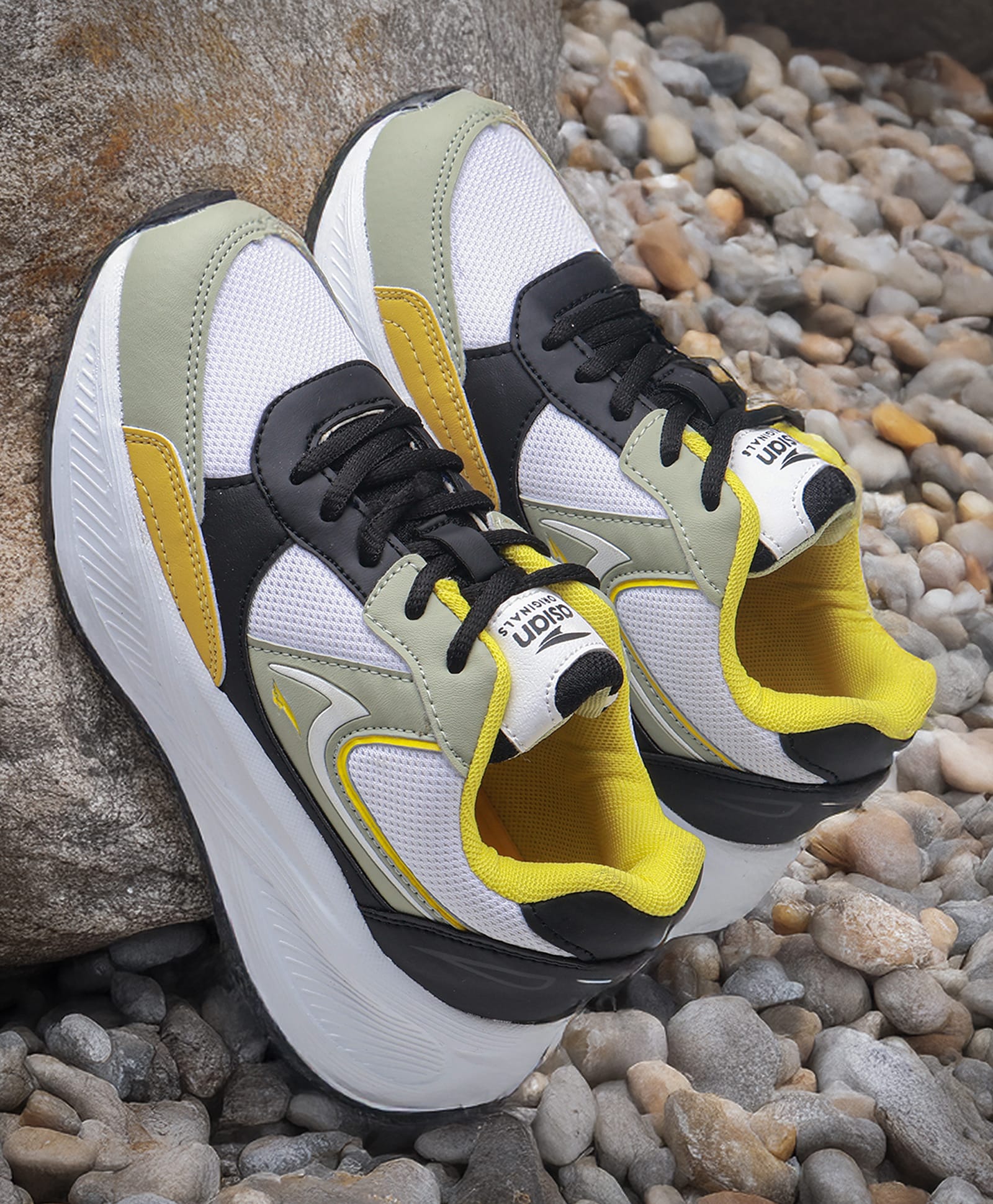 asian Colour Blocked Lace Up Shoes - White Black & Yellow-image-14