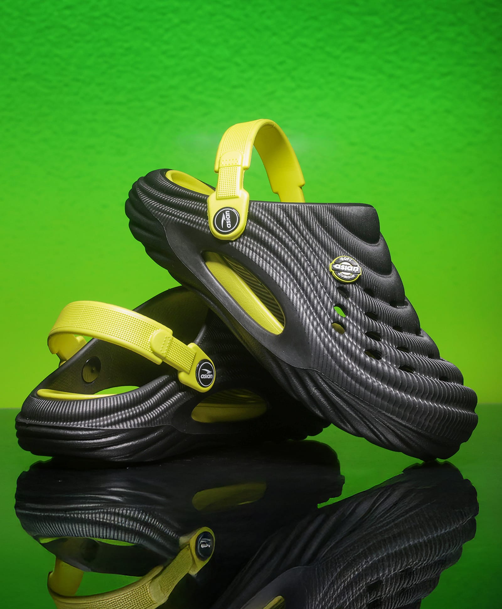 asian Colour Blocked Perforated Slingback Clogs - Black & Neon-image-35