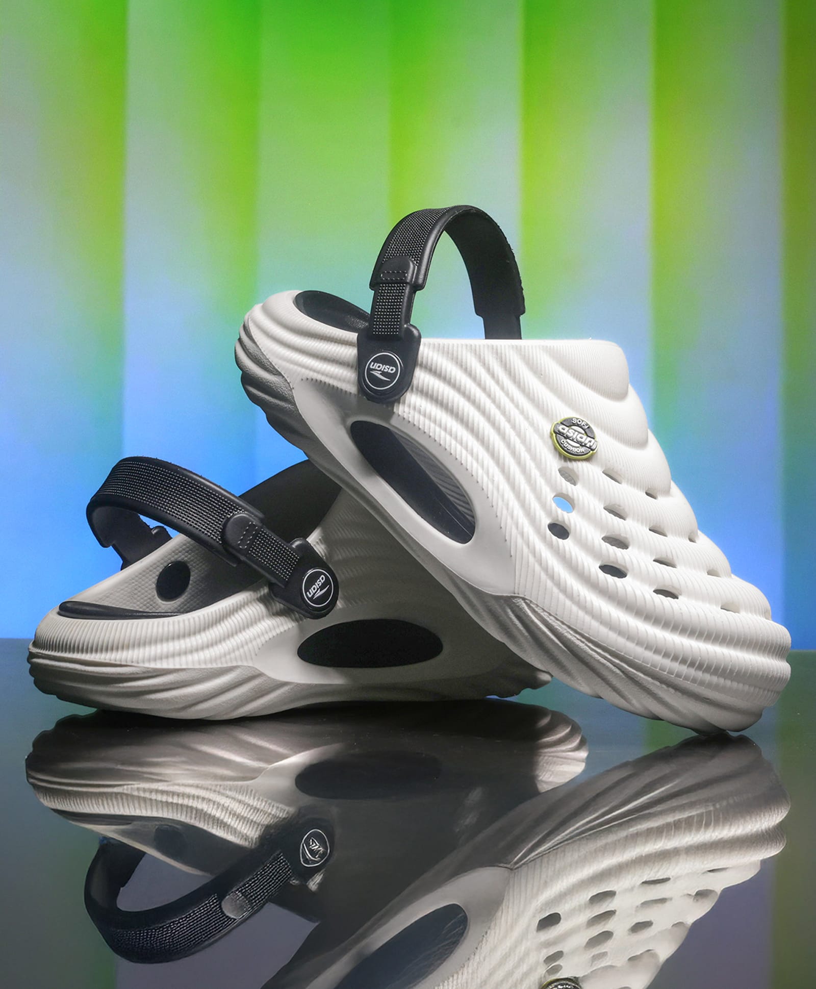 asian Colour Blocked Perforated Slingback Clogs - Off White & Black-image-4