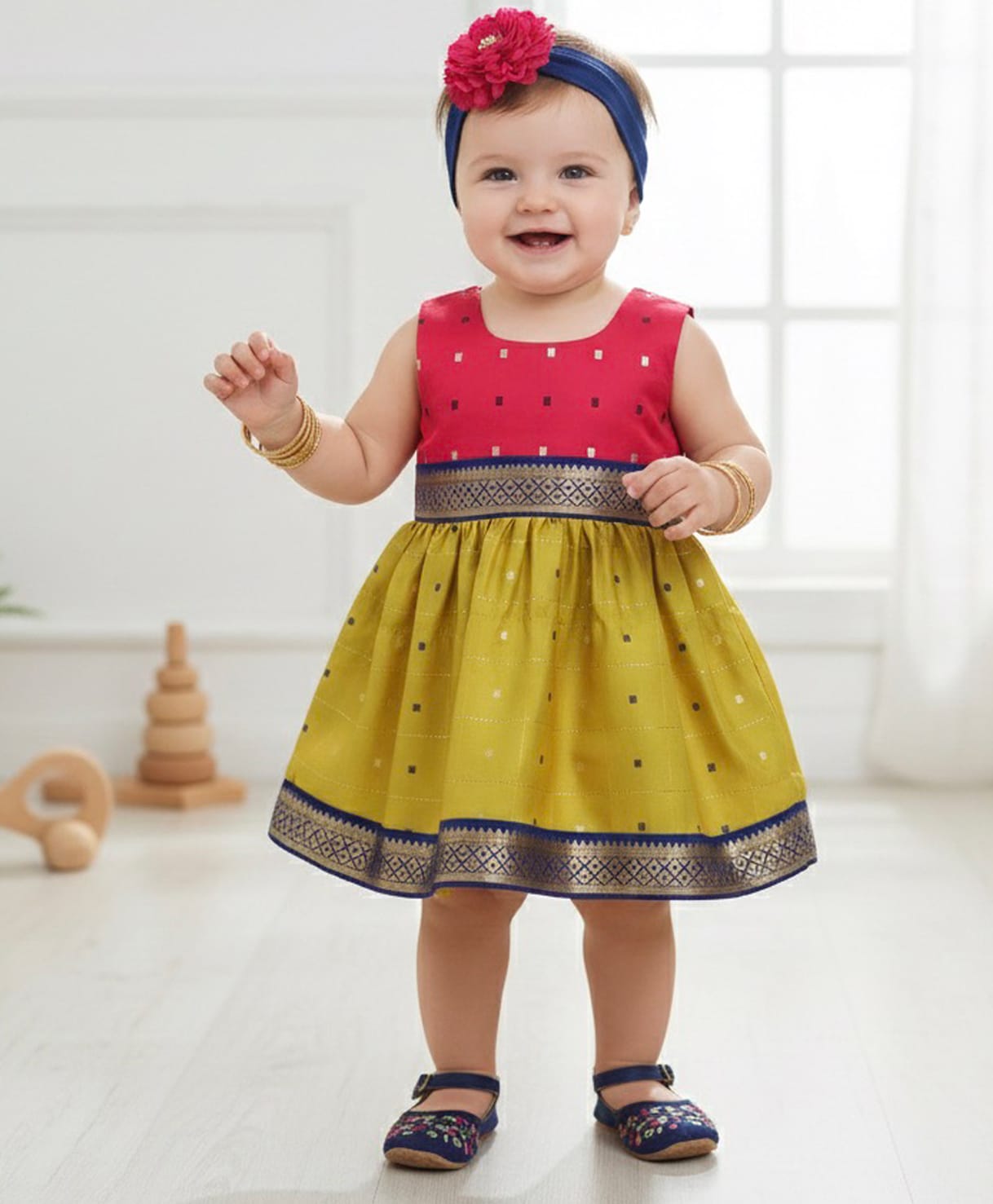 Many frocks & Woven Sleeveless Lace Embellished & Geometric Embroidered Dress - Green & Pink