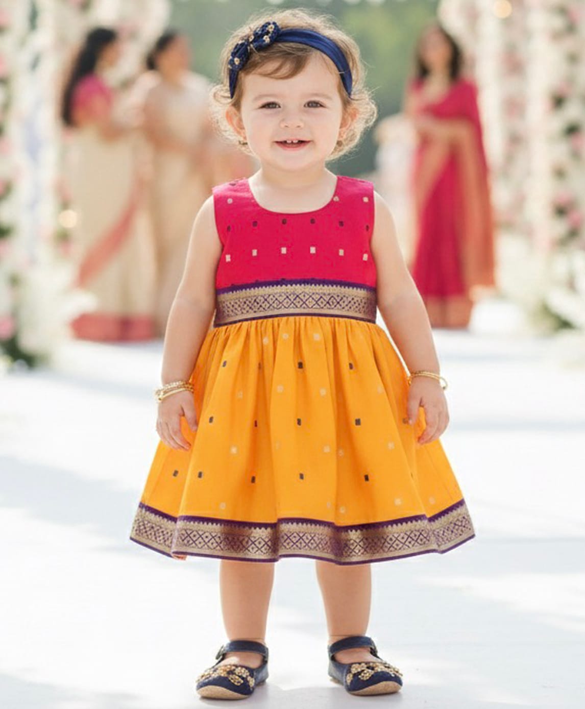 Many frocks & Woven Sleeveless Lace Embellished & Geometric Embroidered Dress - Yellow & Pink-image-47