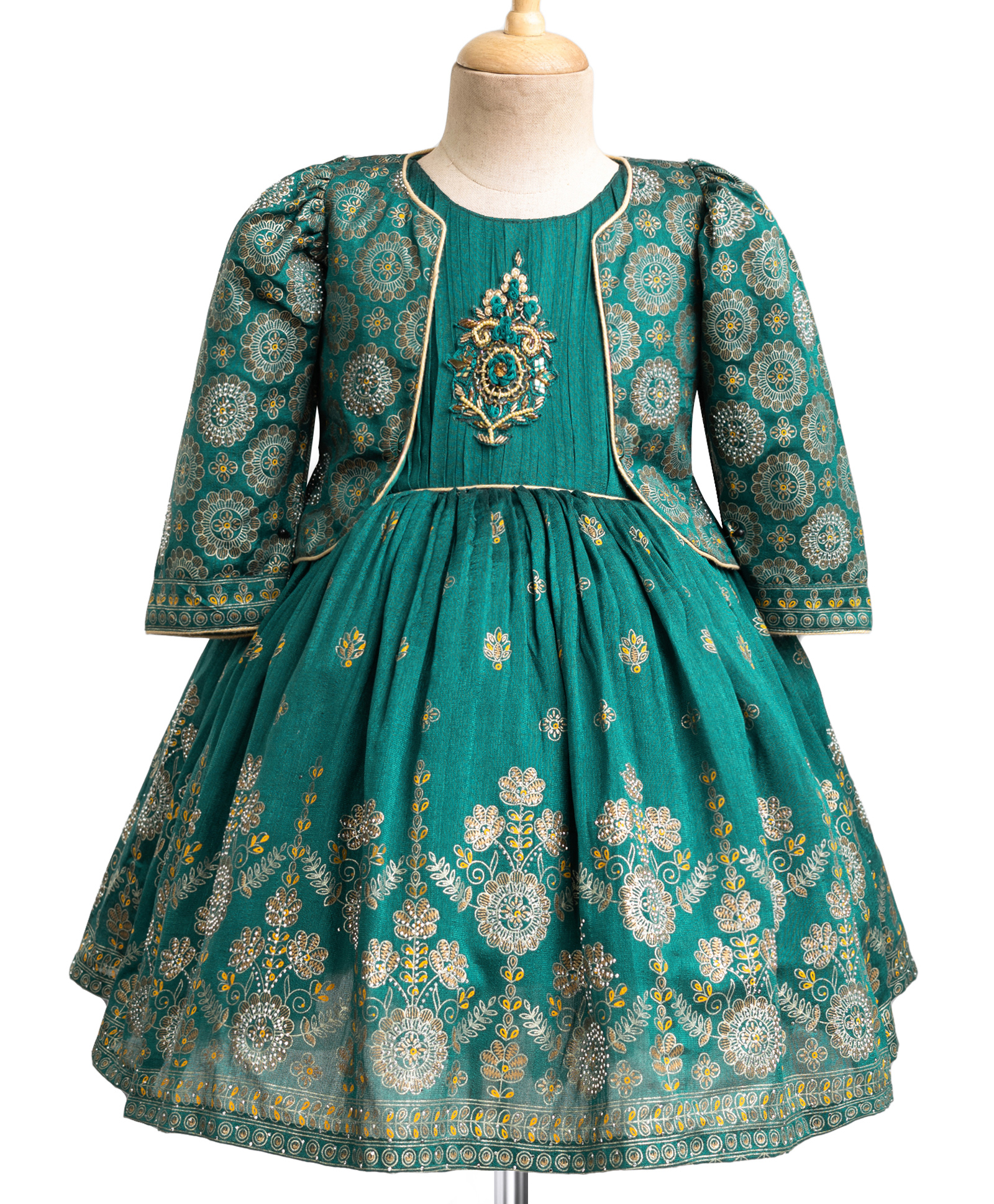 Enfance Cotton Silk Woven Three Fourth Sleeves Brocade Floral Design Printed & Embellished Dress With Jacket - Green-picture-2
