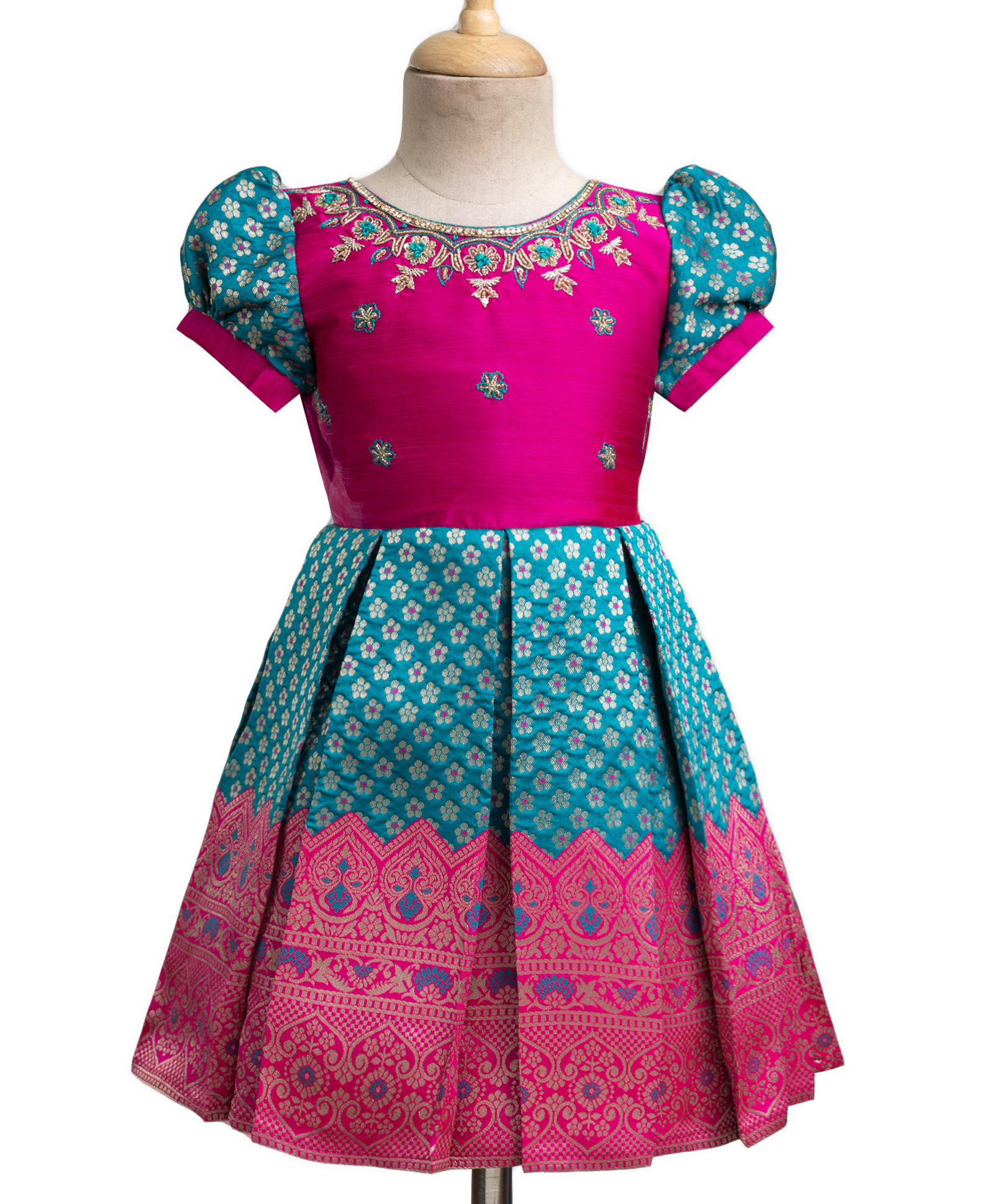 Enfance Silk Woven Half Sleeves Floral Banarasi Printed & Embroidered Pattu Pavdai Dress - Dark Pink-picture-22
